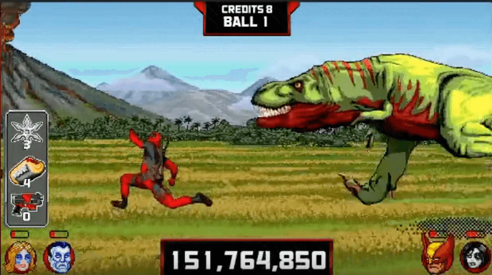 Pixelated game scene with red character running from giant green dinosaur