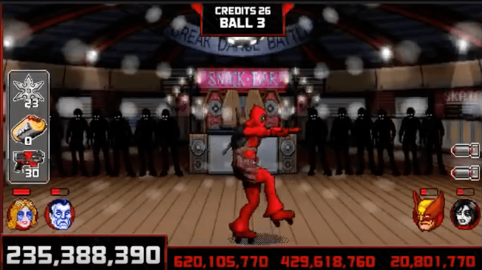 Pixelated red character dancing on stage with shadowy audience
