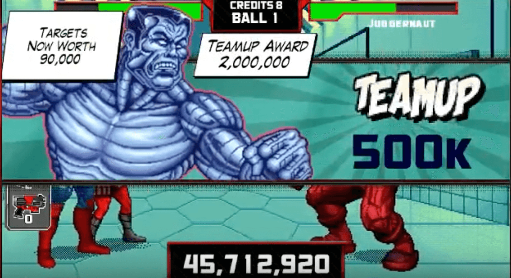 Video game screen showing two muscular characters with teamup score