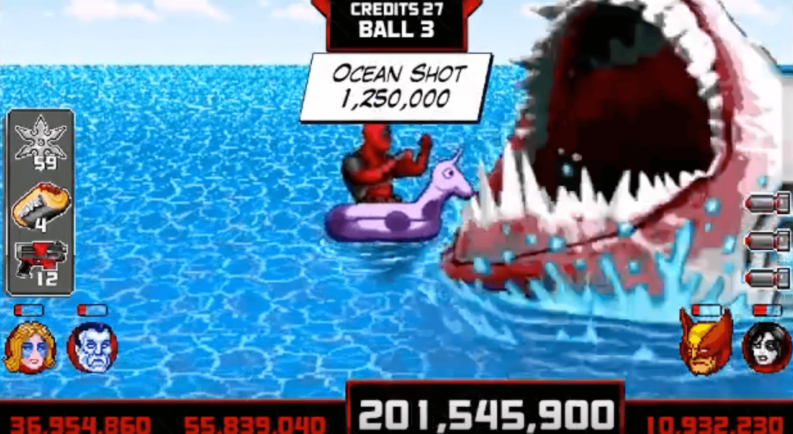 Pixel character on unicorn float narrowly escapes giant shark attack