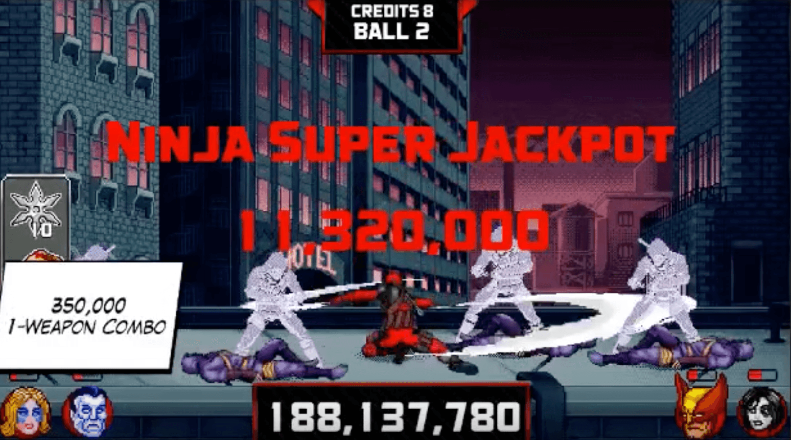 Ninja video game scene with fighters and high score display