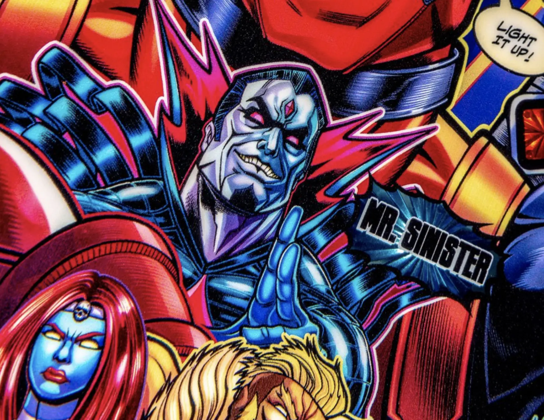 Mr. Sinister menacing comic book villains with dramatic colorful background