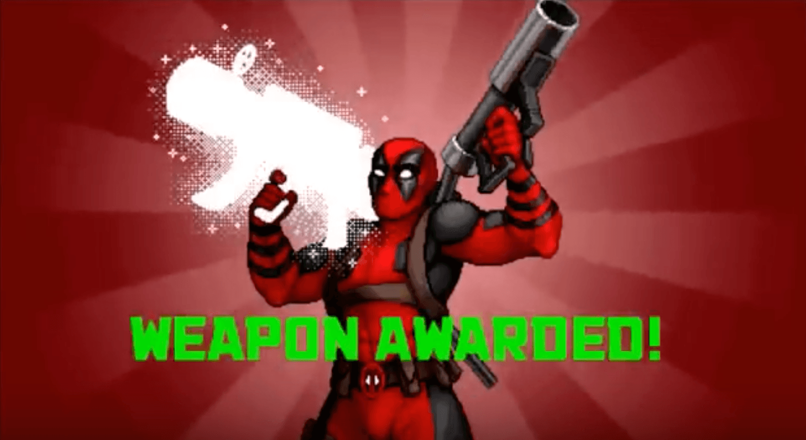 Deadpool celebrating weapon acquisition with dramatic red background