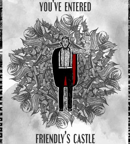 Stylized figure standing in front of intricate floral design with text