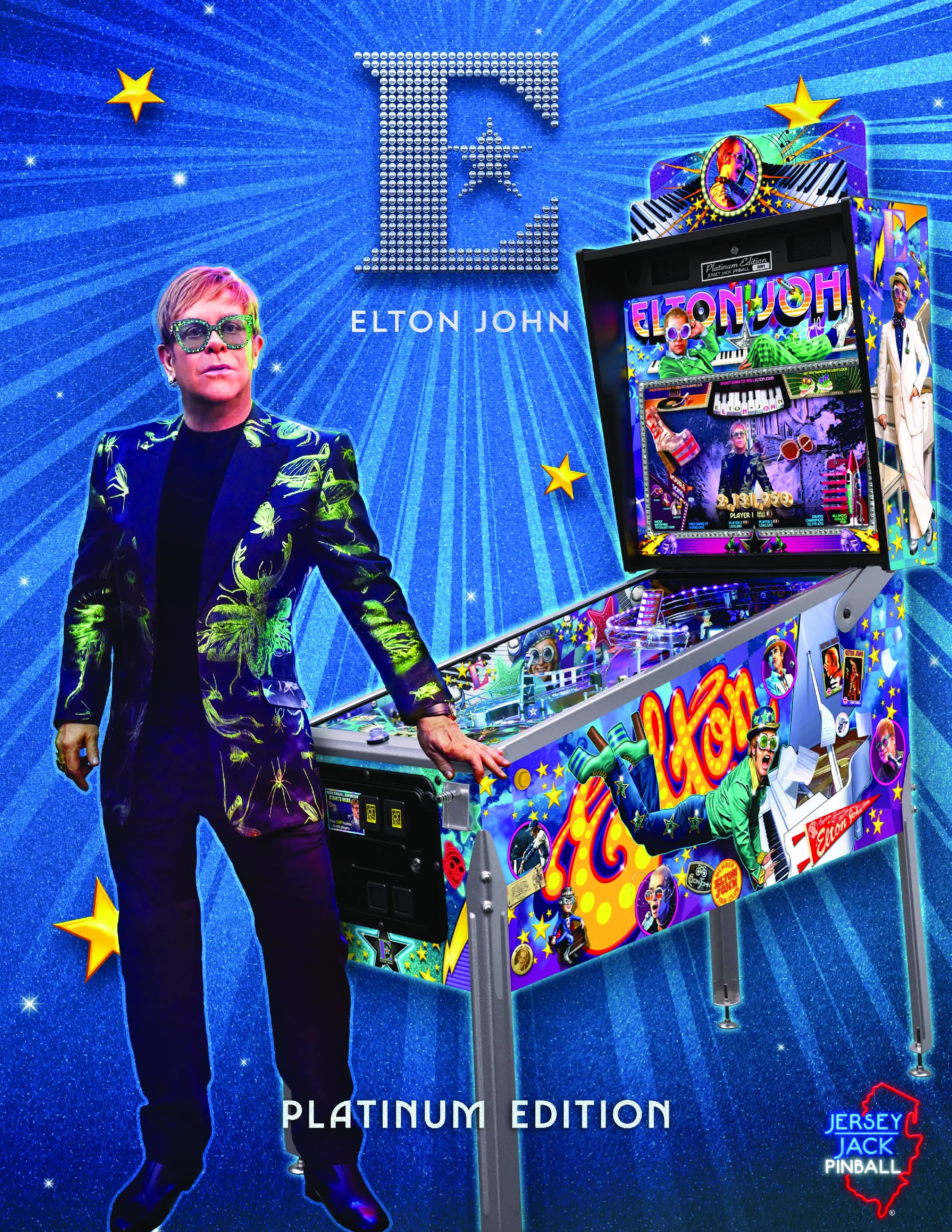 Colorful Elton John pinball machine with musician in floral jacket