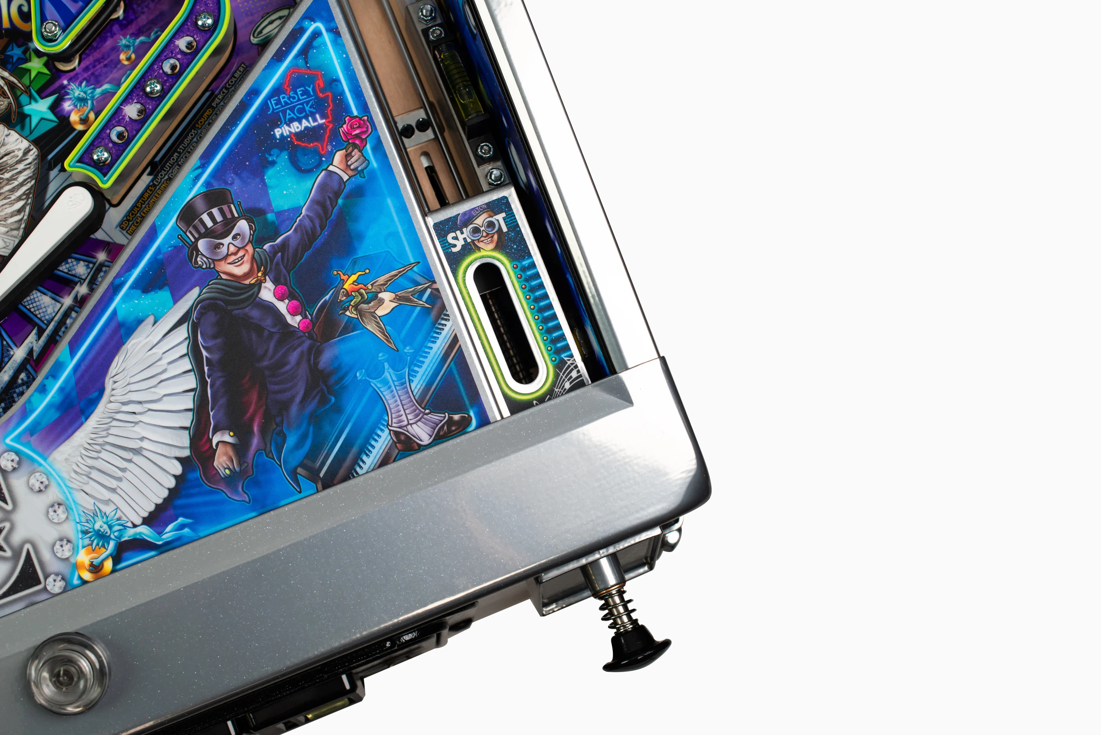 Colorful pinball machine with masked character and winged figure