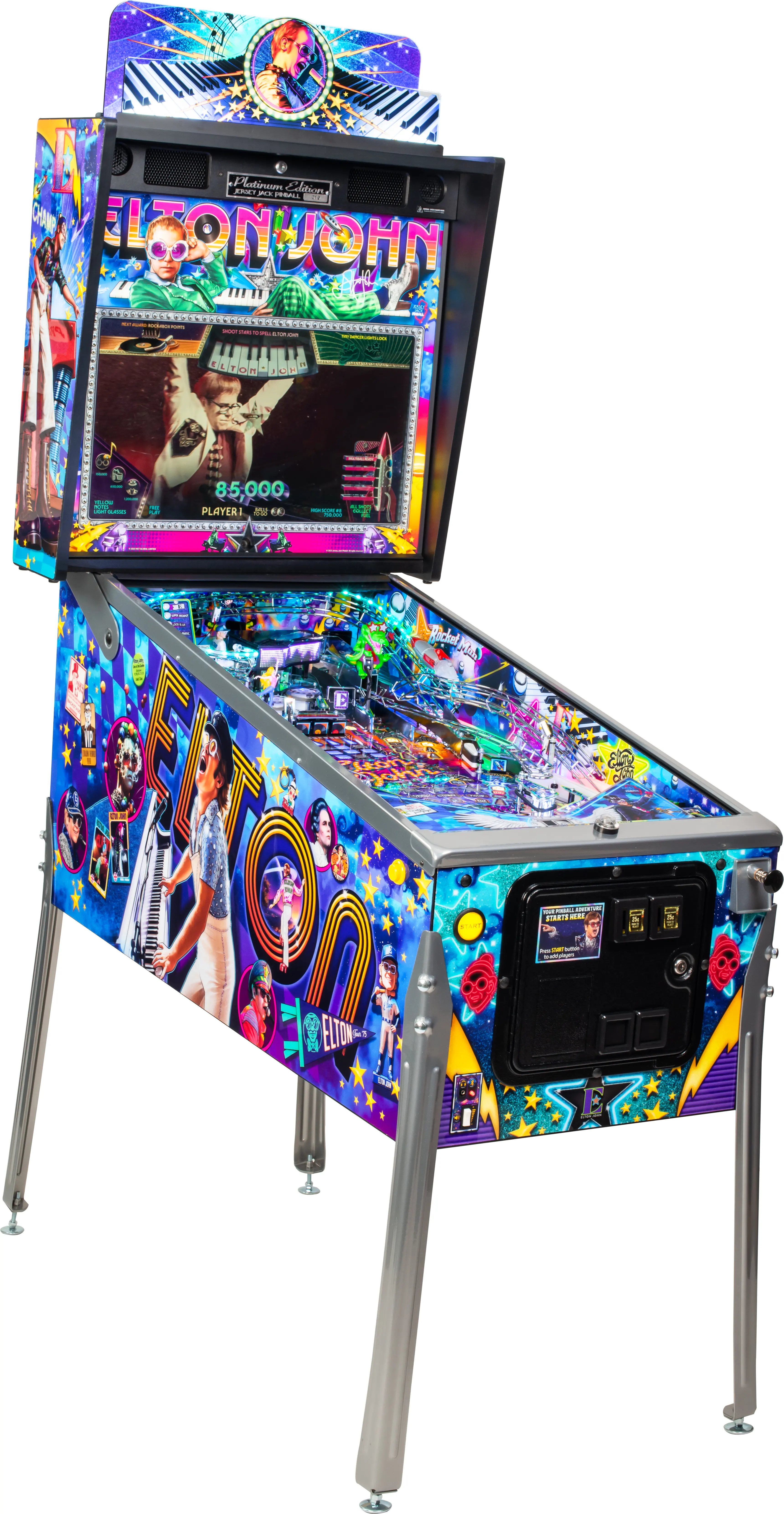 Colorful Elton John-themed pinball machine with vibrant music design