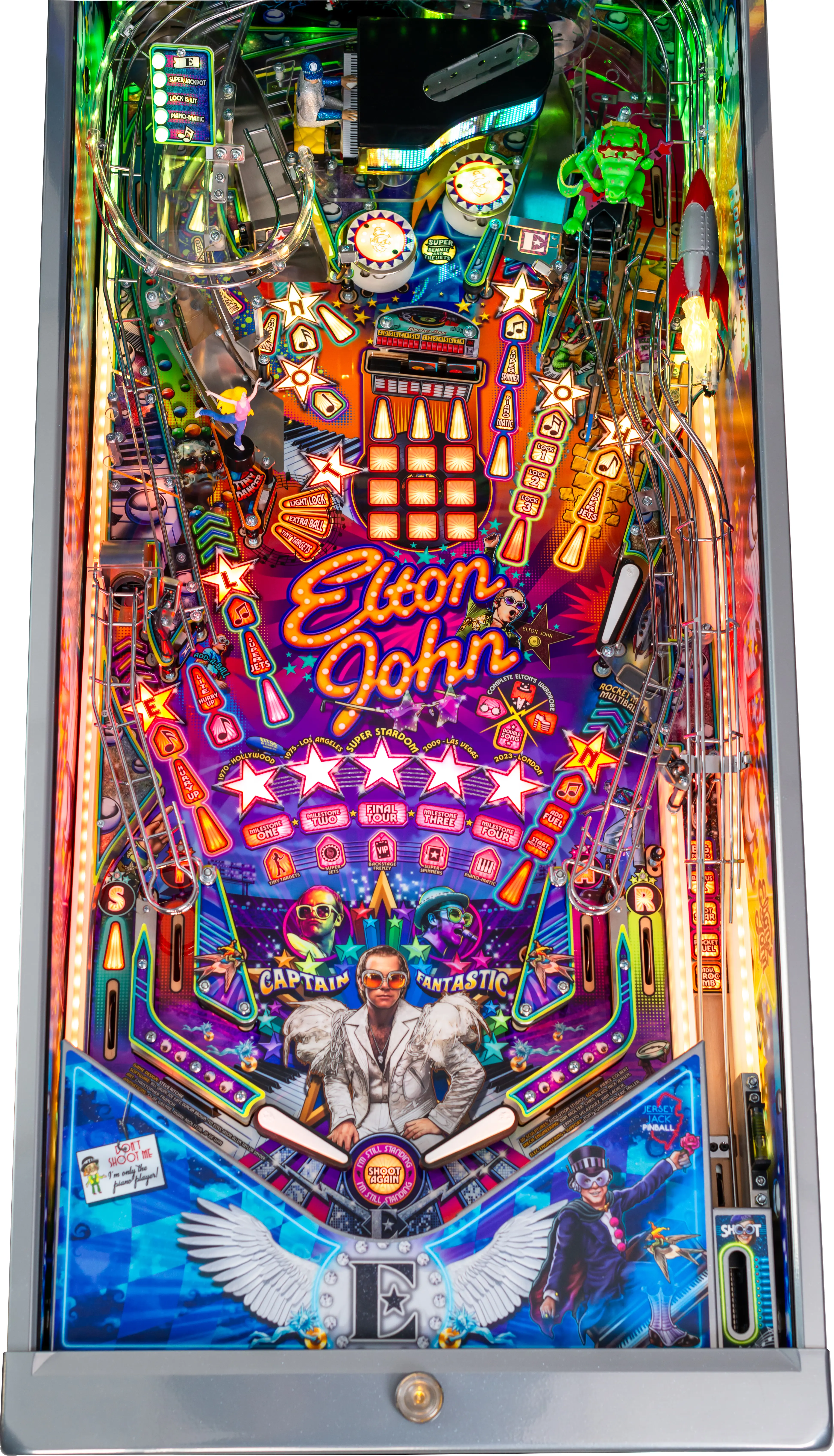 Colorful Elton John-themed pinball machine with vibrant stars and music elements