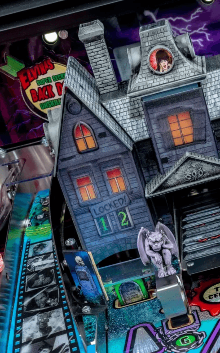 Spooky haunted house board game with gothic architecture and lightning