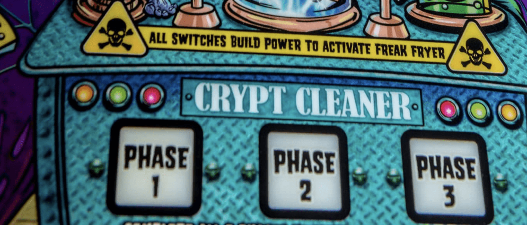 Control panel with hazard signs showing Crypt Cleaner machine phases
