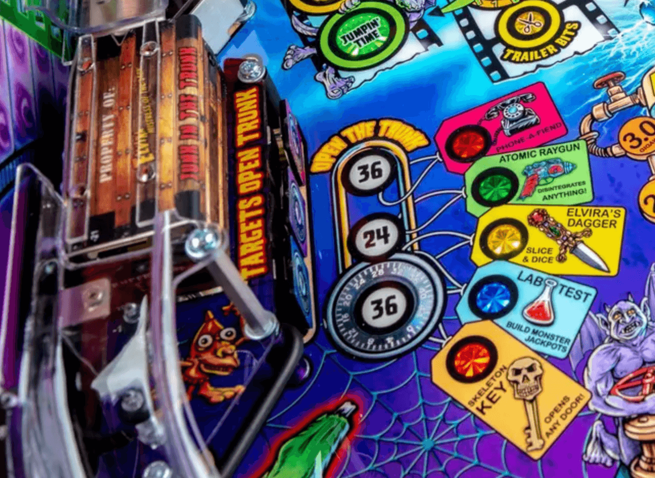Colorful pinball machine backglass with comic book style graphics and game elements
