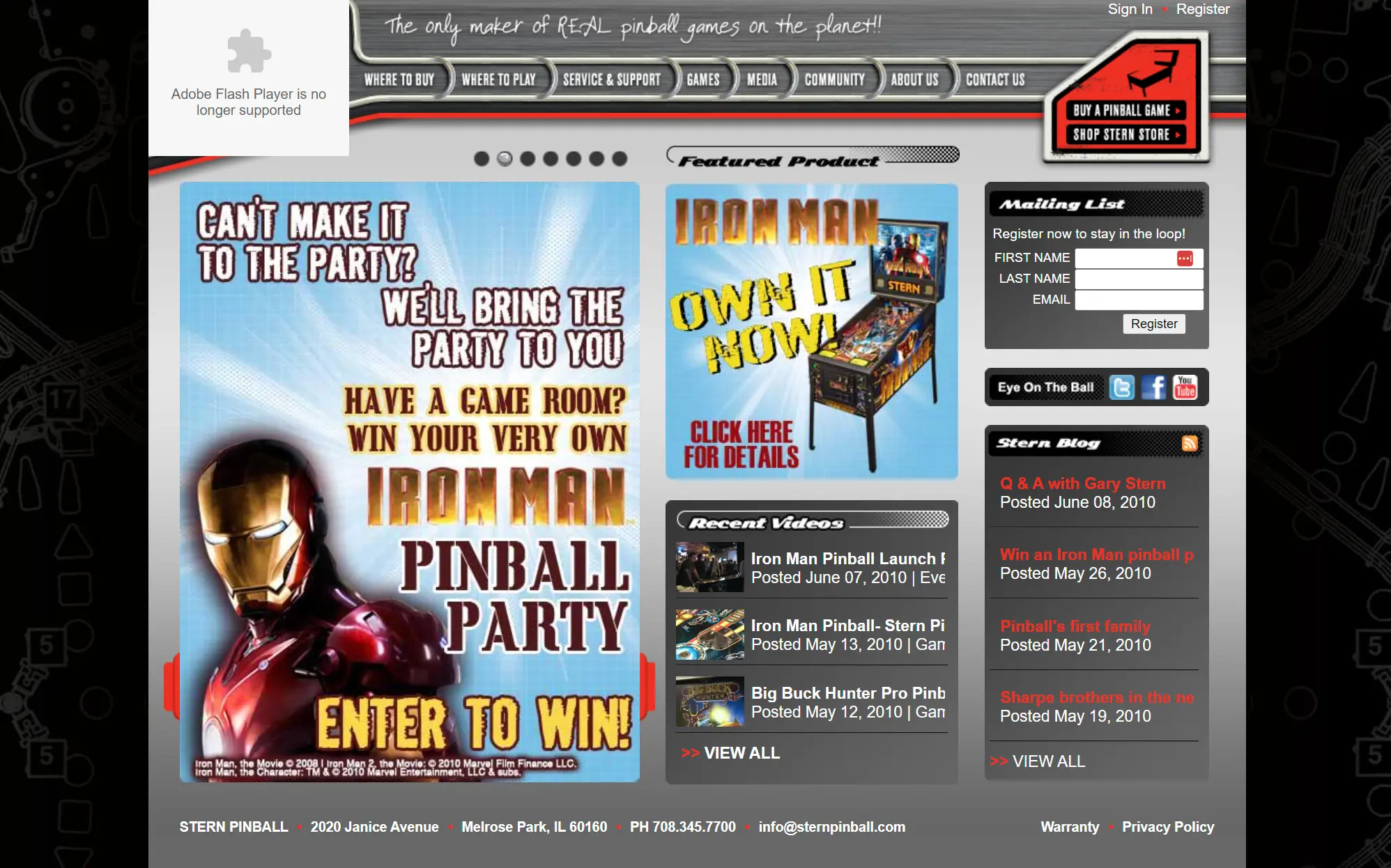 stern pinball website 2010