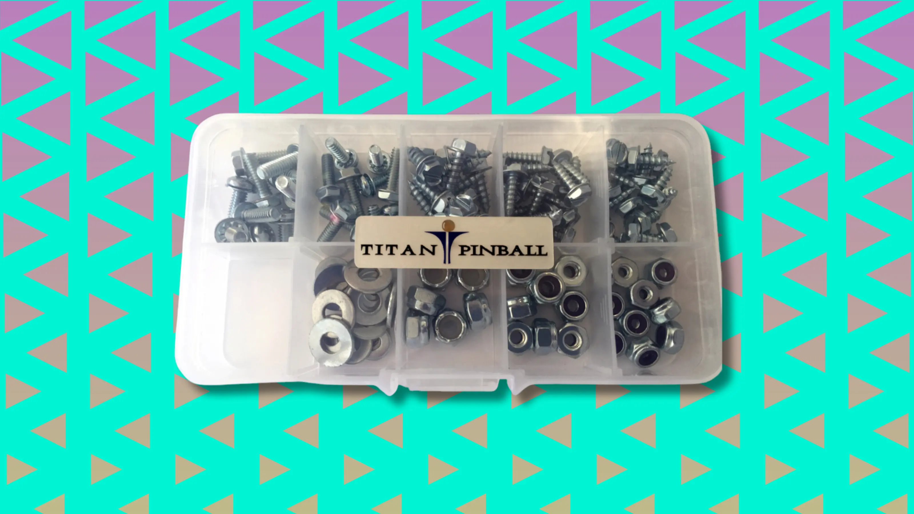 Titan Pinball hardware kit with sorted screws, nuts, and washers in compartments