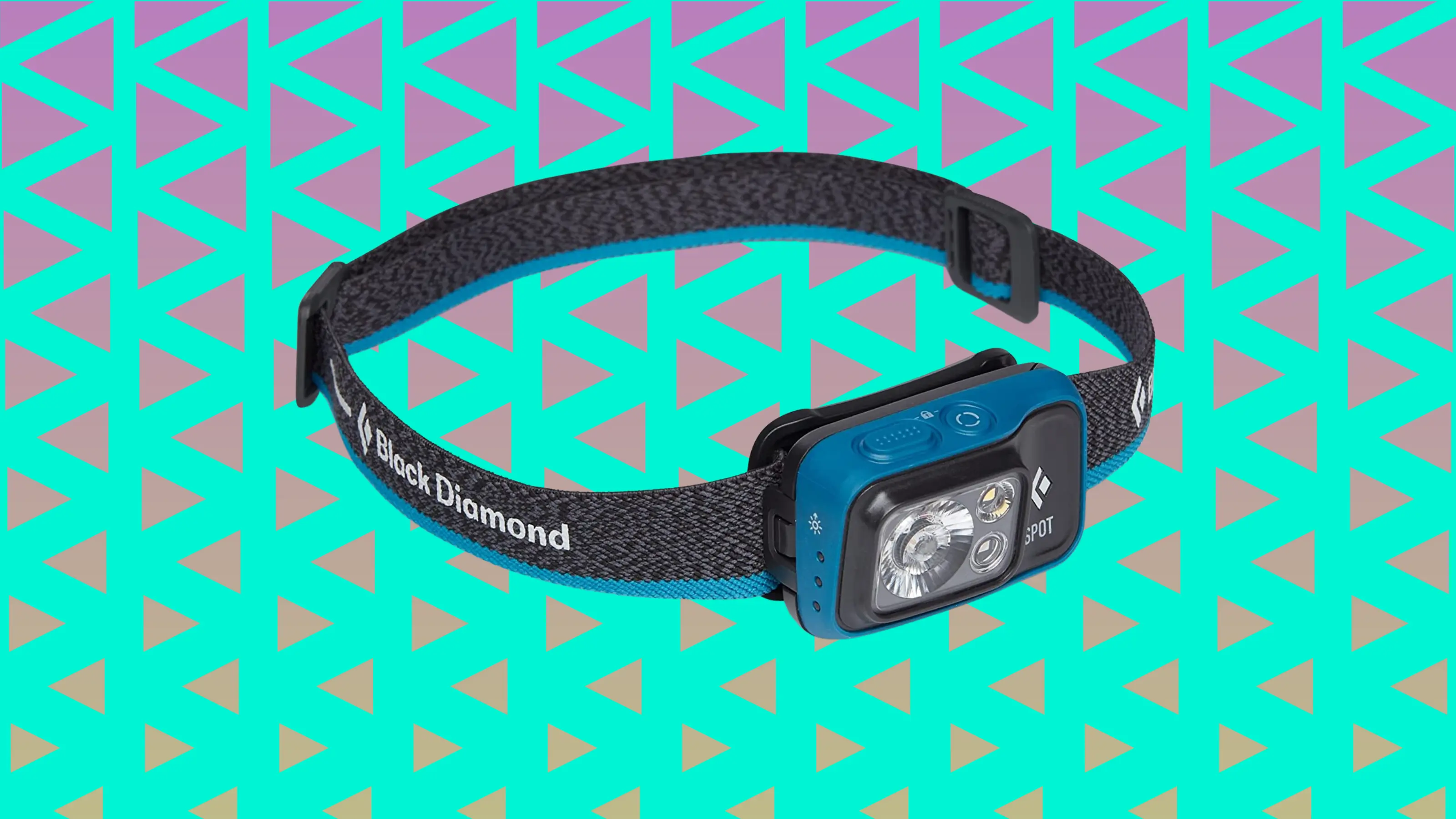 Black Diamond blue and black spot headlamp on geometric background