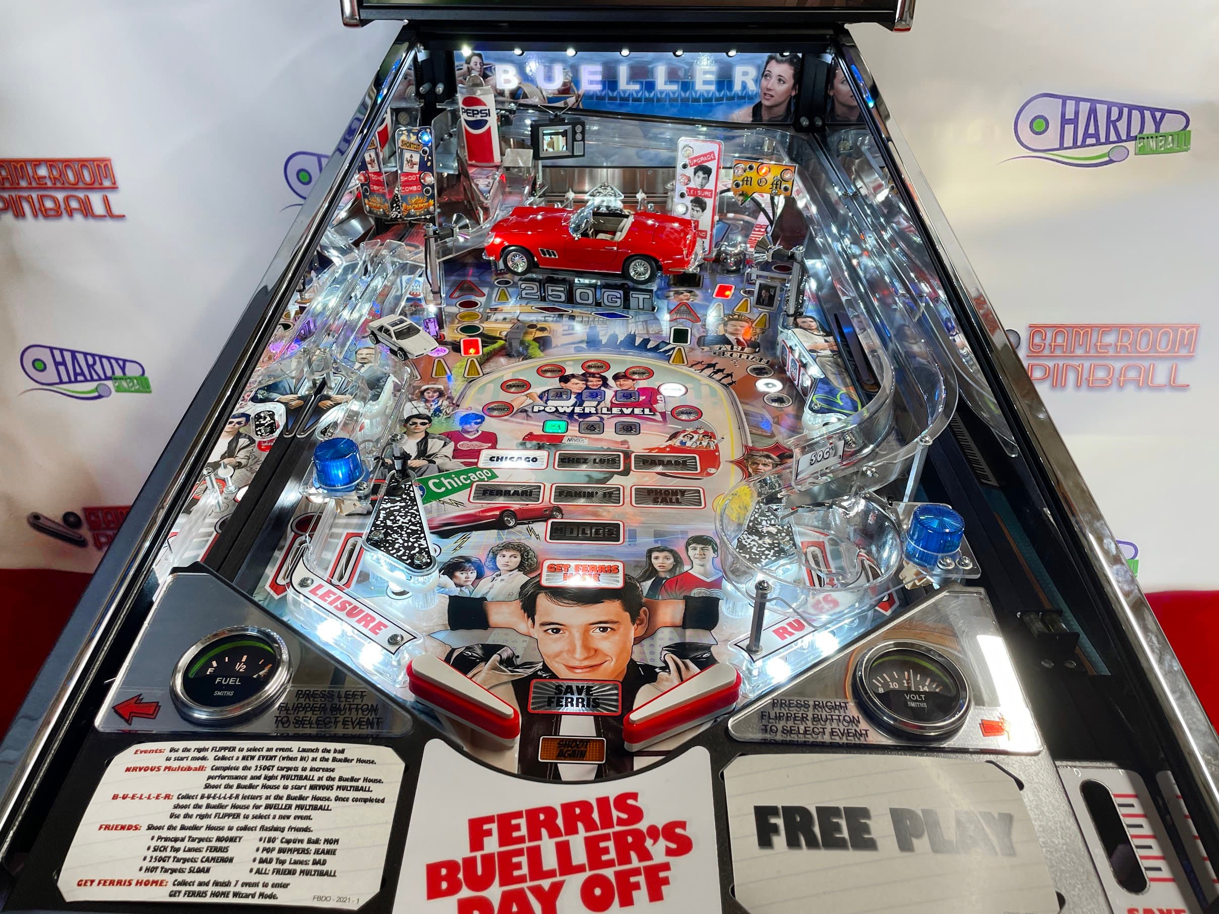 Ferris Bueller's Day Off themed pinball machine with colorful details