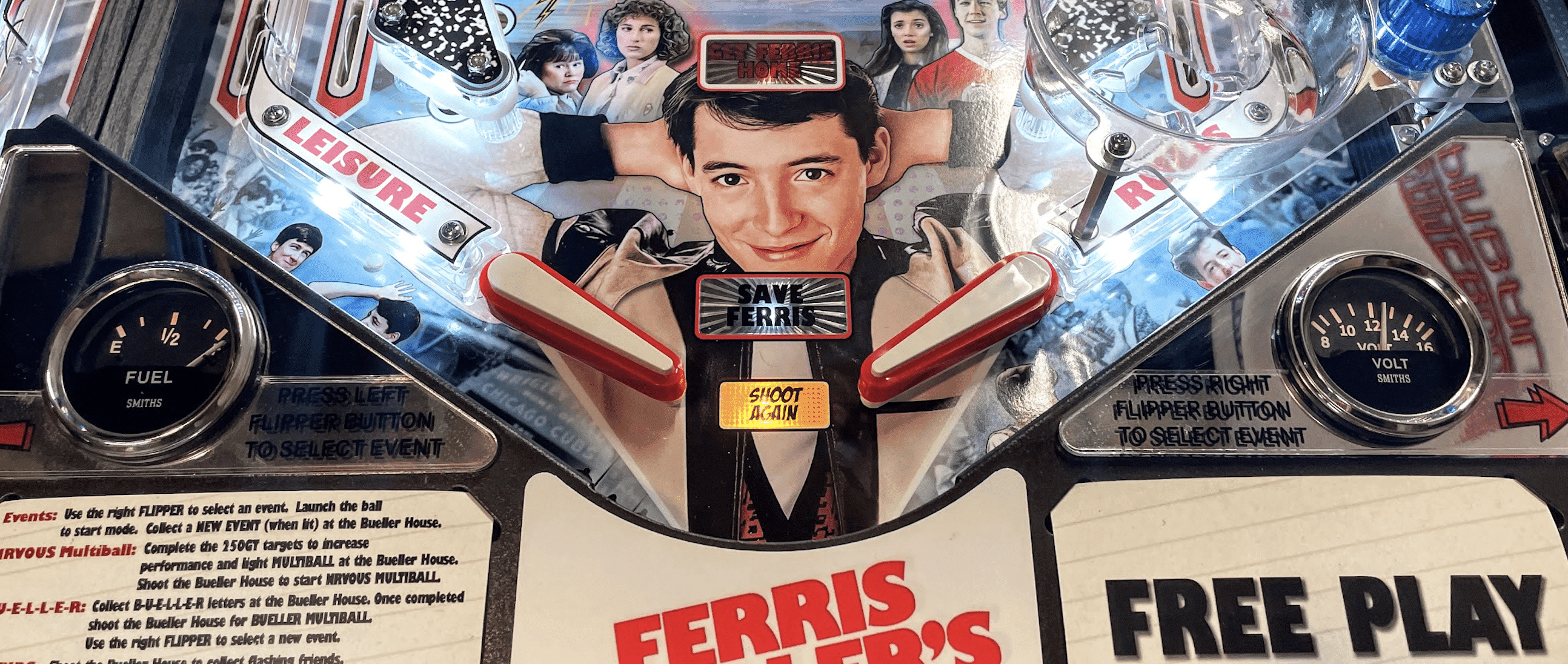 Ferris Bueller's Day Off pinball machine with movie characters and gauges