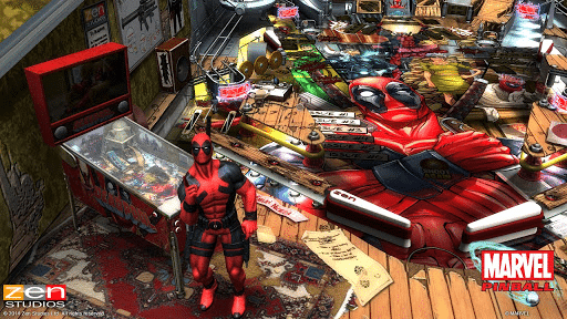 Deadpool pinball machine with detailed Marvel-themed playfield and superhero figure