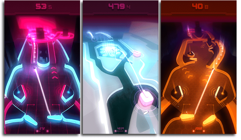 Futuristic neon figures in three panels with glowing silhouettes and digital interface
