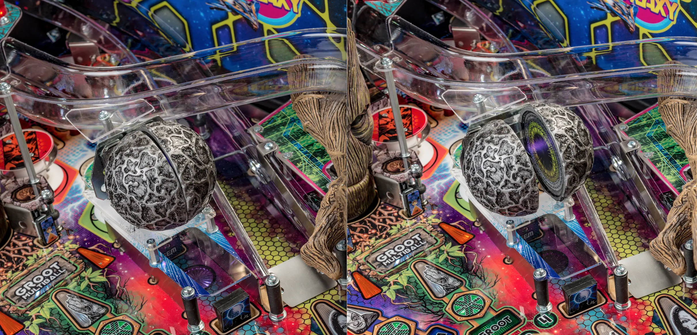 Detailed pinball machine close-up with textured silver ball and colorful playfield