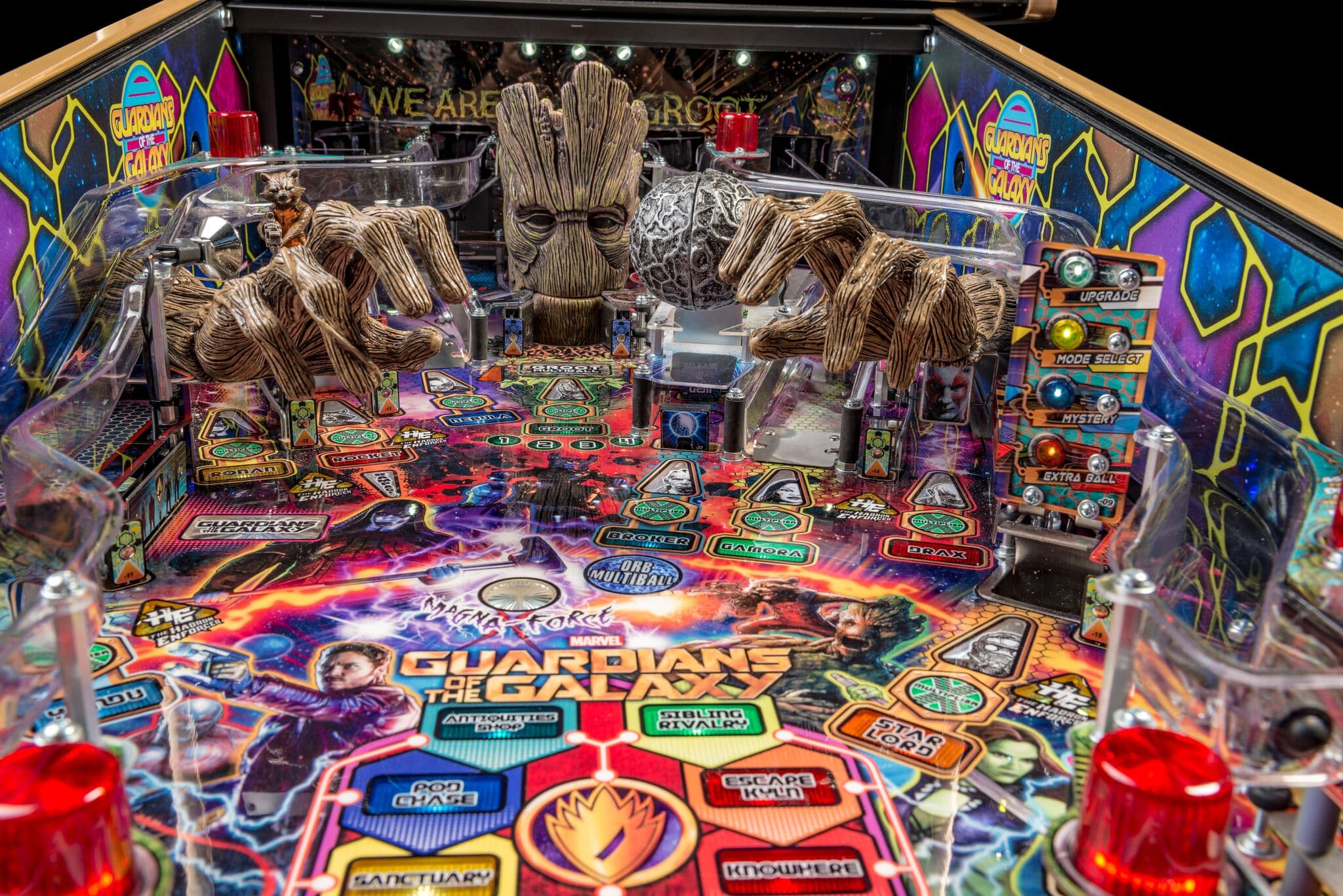 Guardians of the Galaxy pinball machine with colorful board and wooden characters