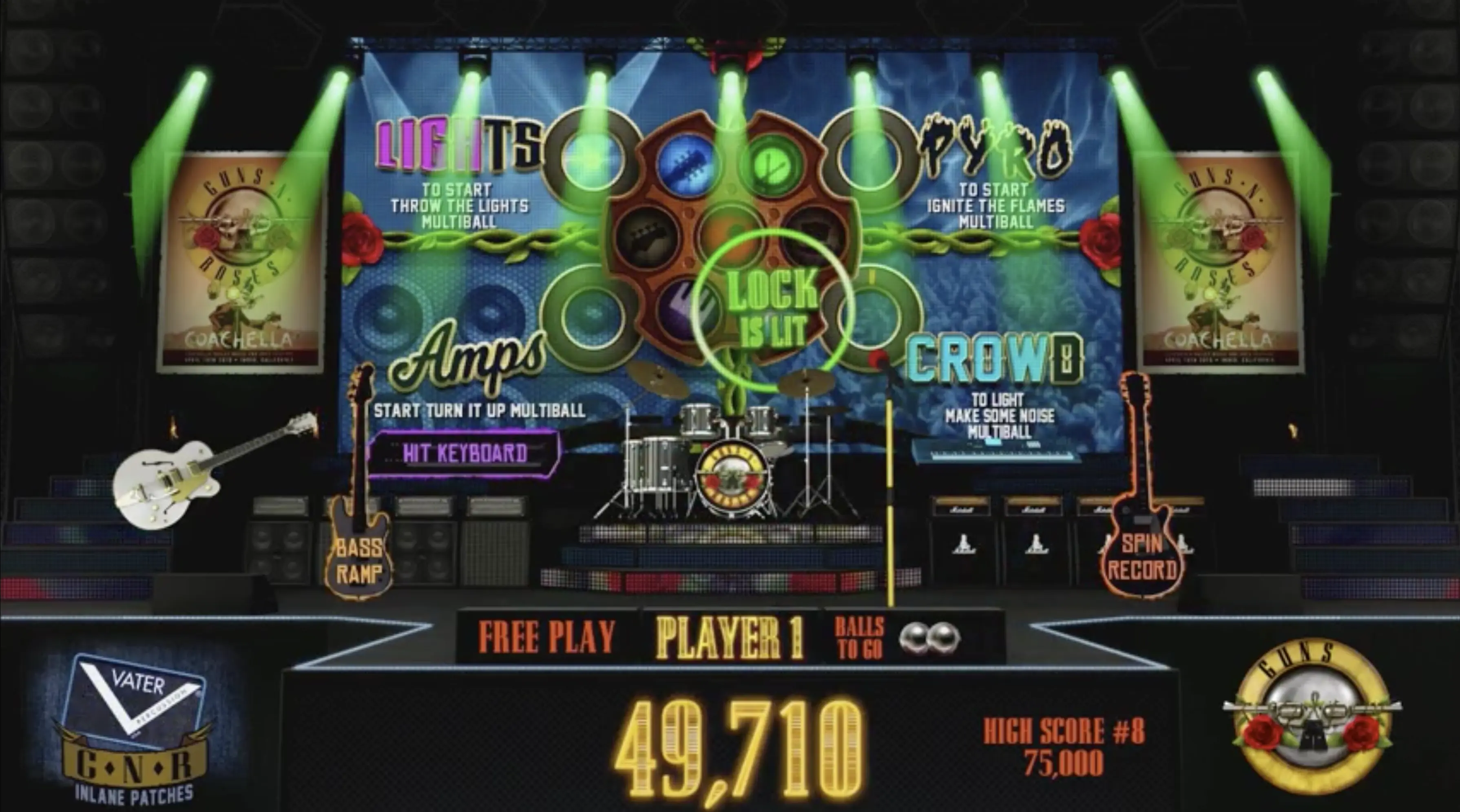 Guns N' Roses pinball machine screen with rock band themed gameplay