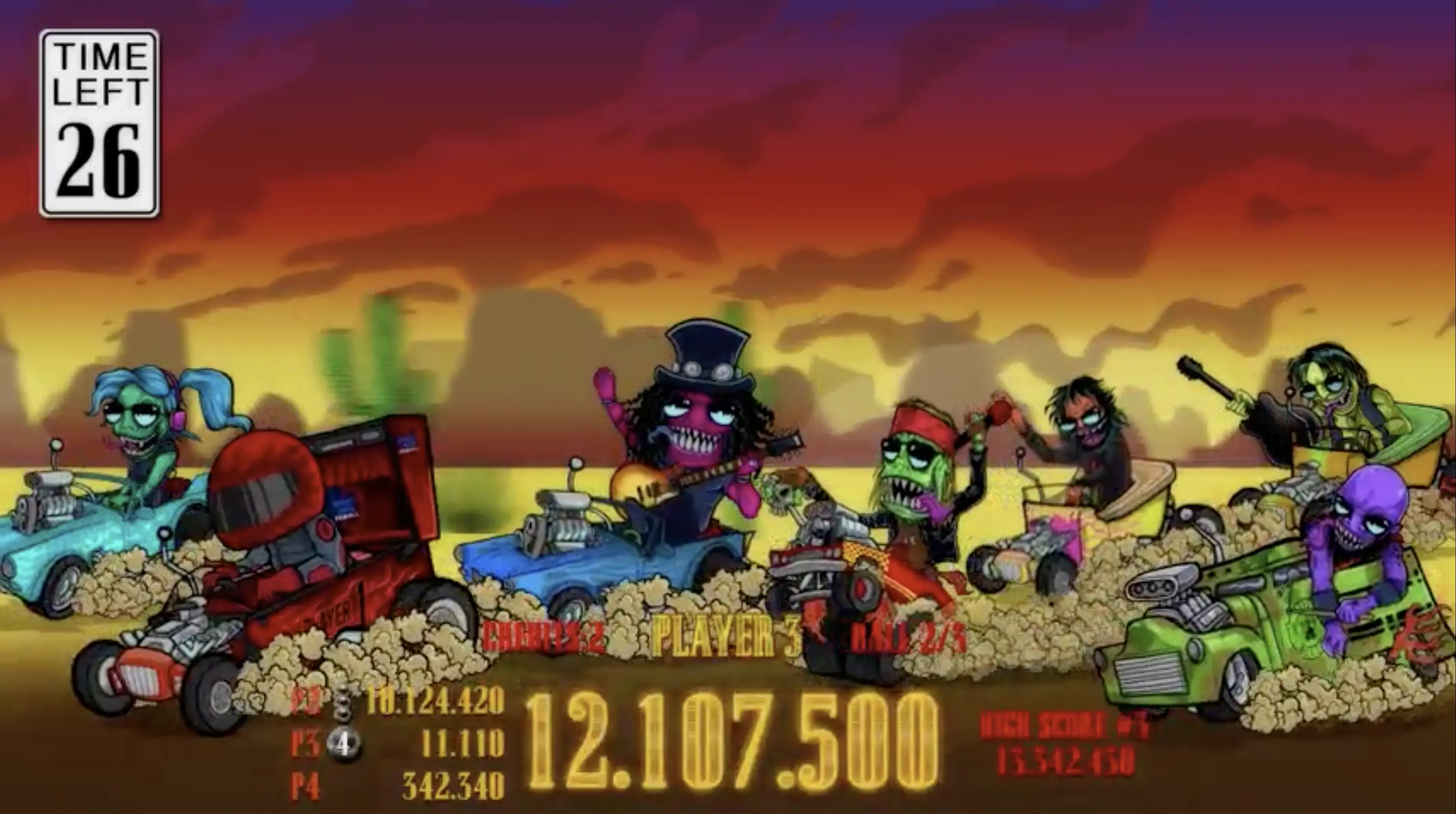 Zombie racers in colorful cars compete on dusty track with timer showing