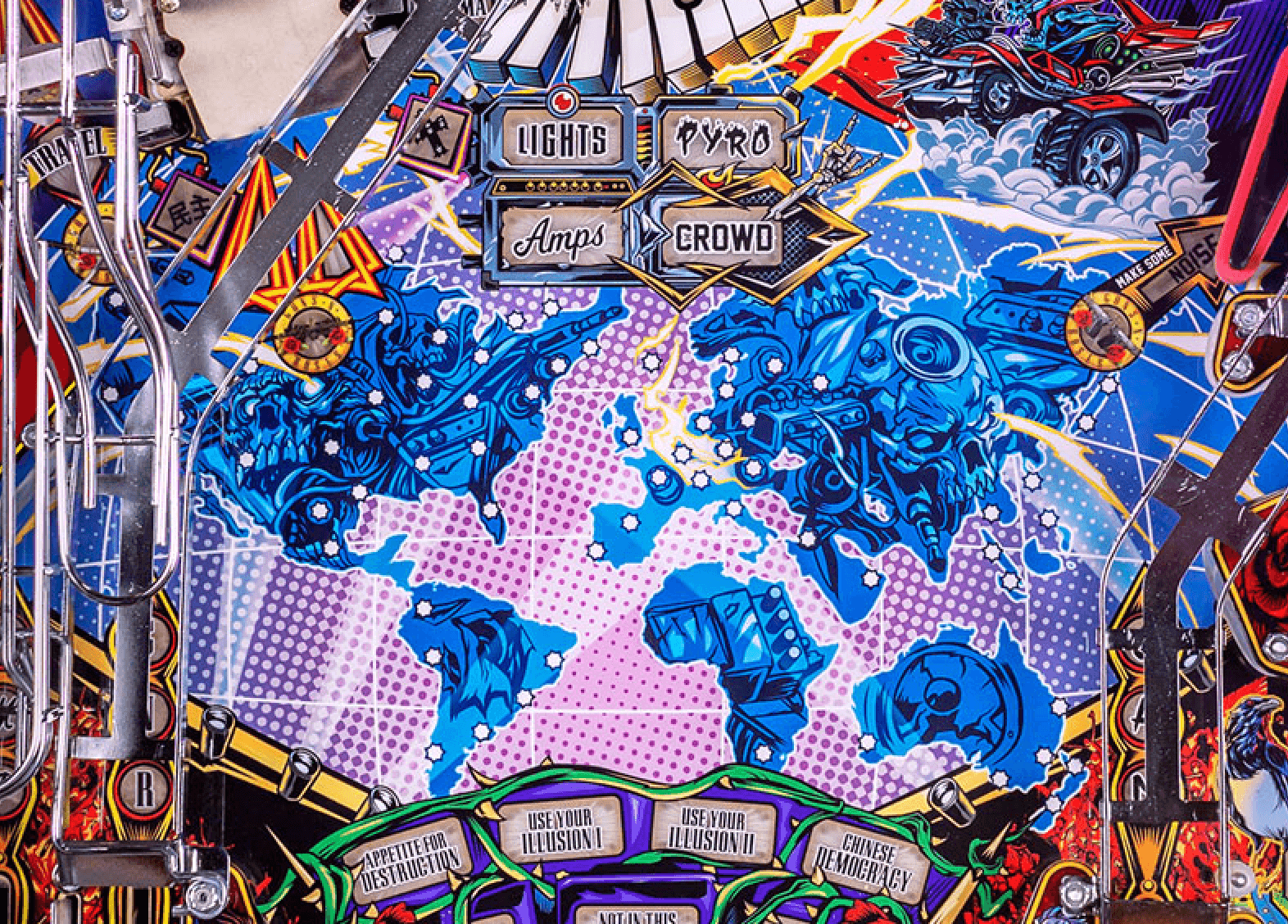 Colorful complex graphic design with mechanical elements, skulls, and text