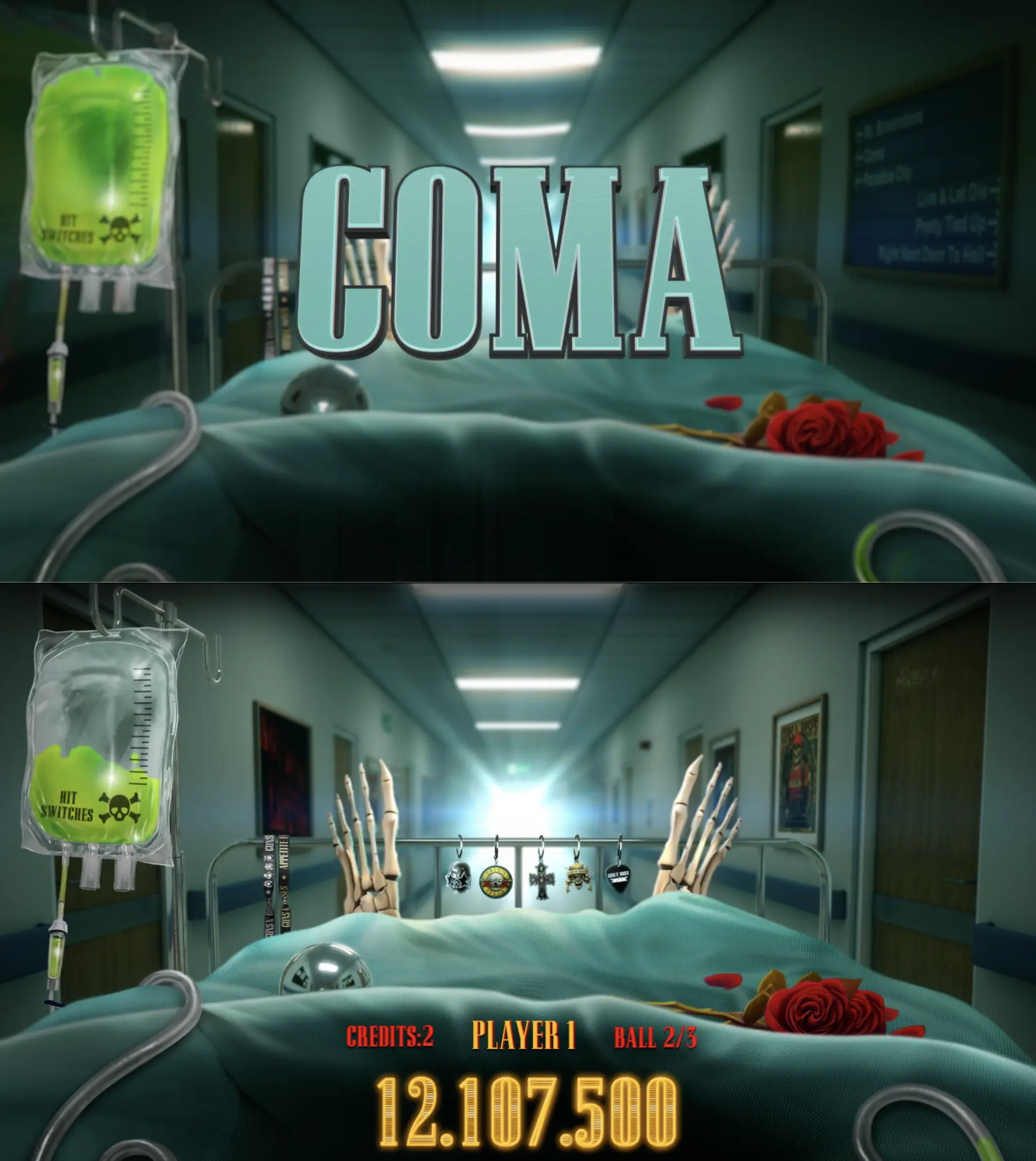 Coma movie poster with hospital bed, IV bag, and pinball game elements
