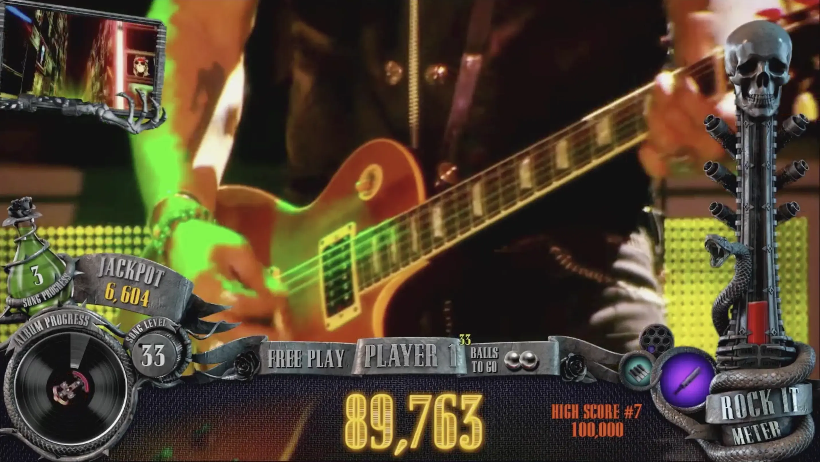 Rock Band video game screen with electric guitar and game score