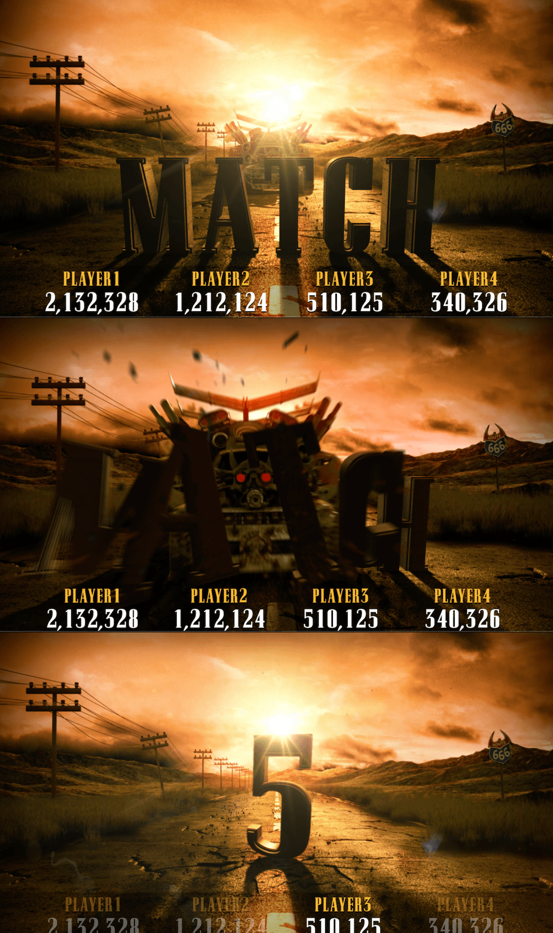 Video game match scoreboard with dramatic sunset and apocalyptic landscape