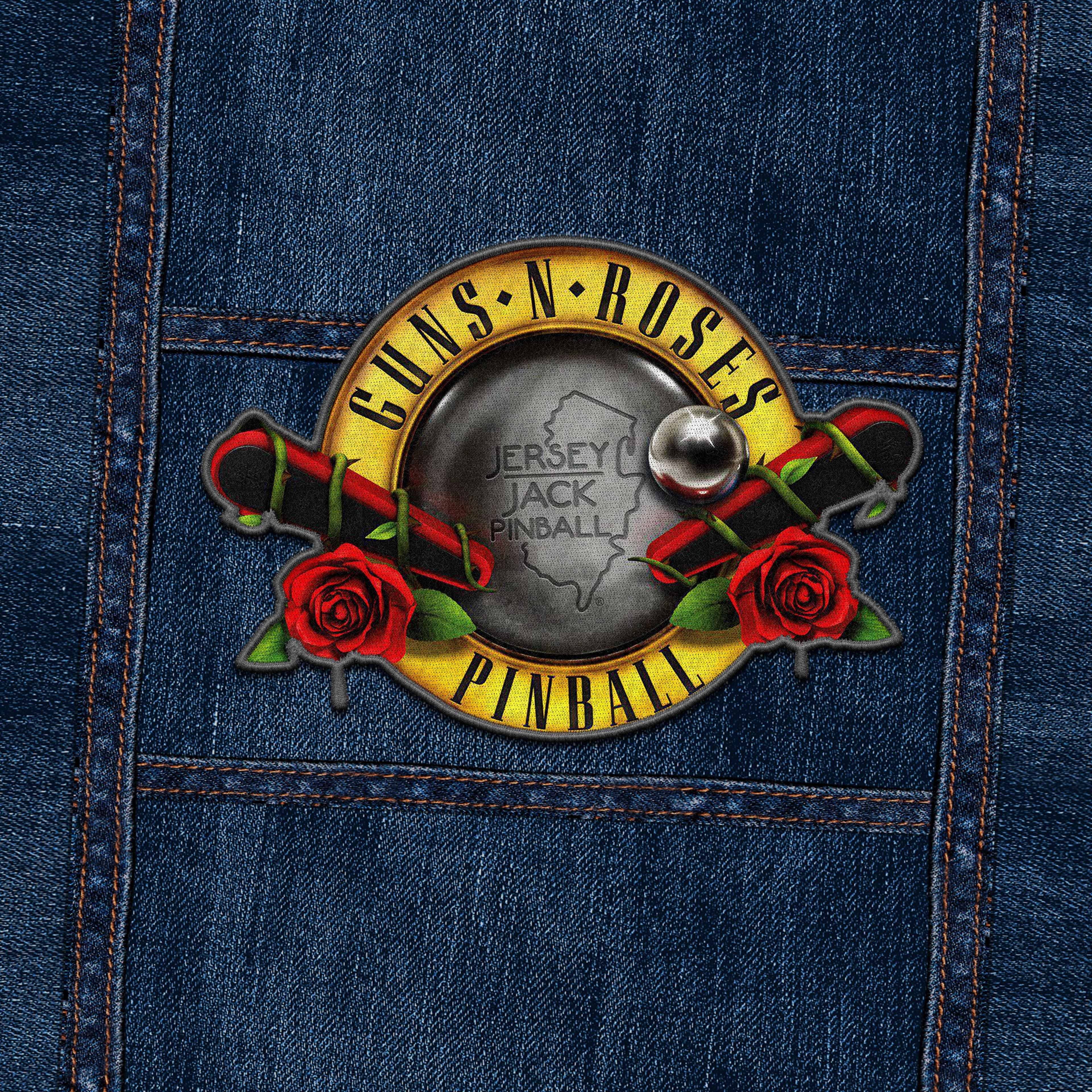 Guns N' Roses pinball logo with roses on denim background