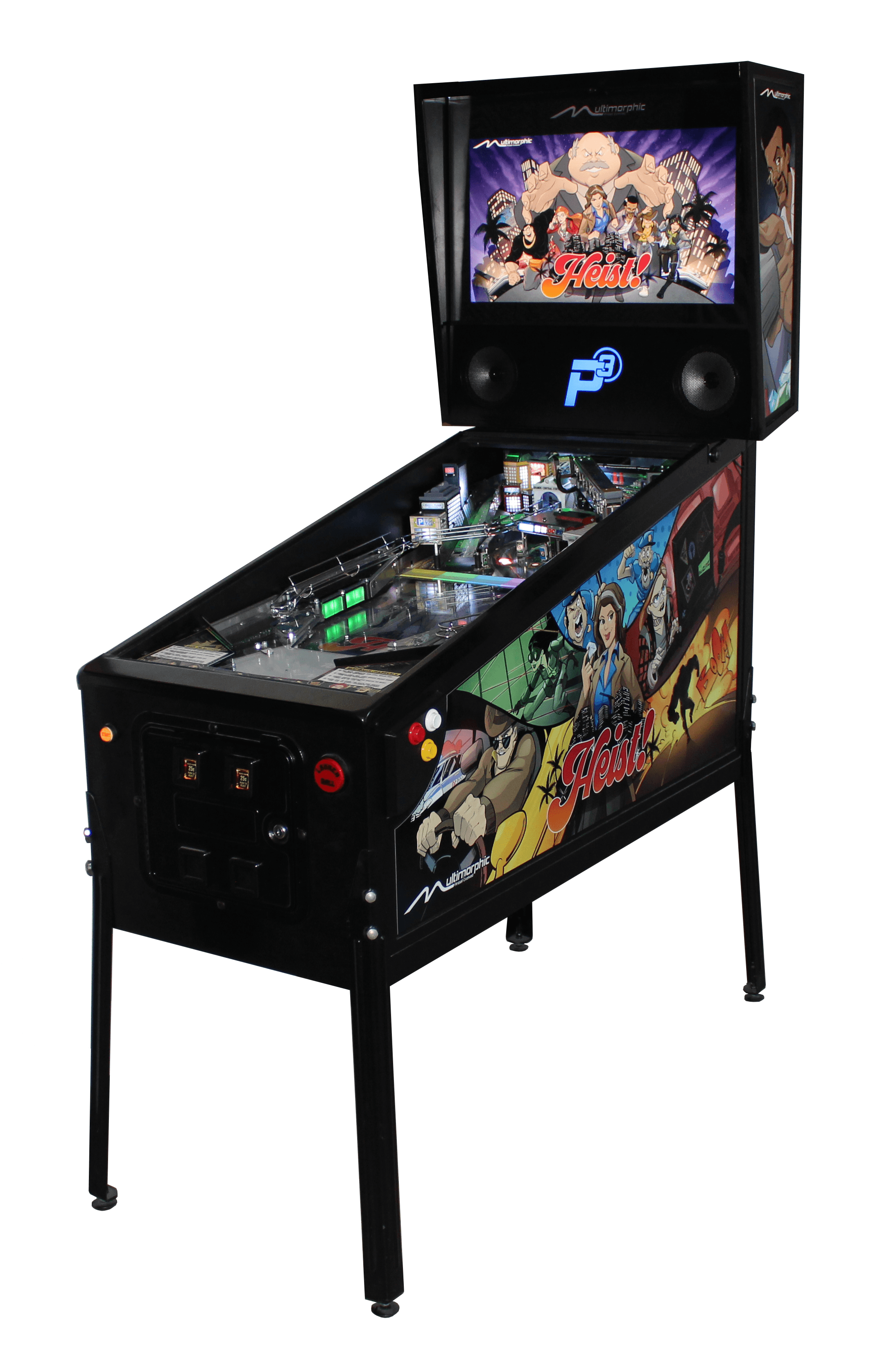 Heist-themed pinball machine with colorful cartoon characters and gameplay screen