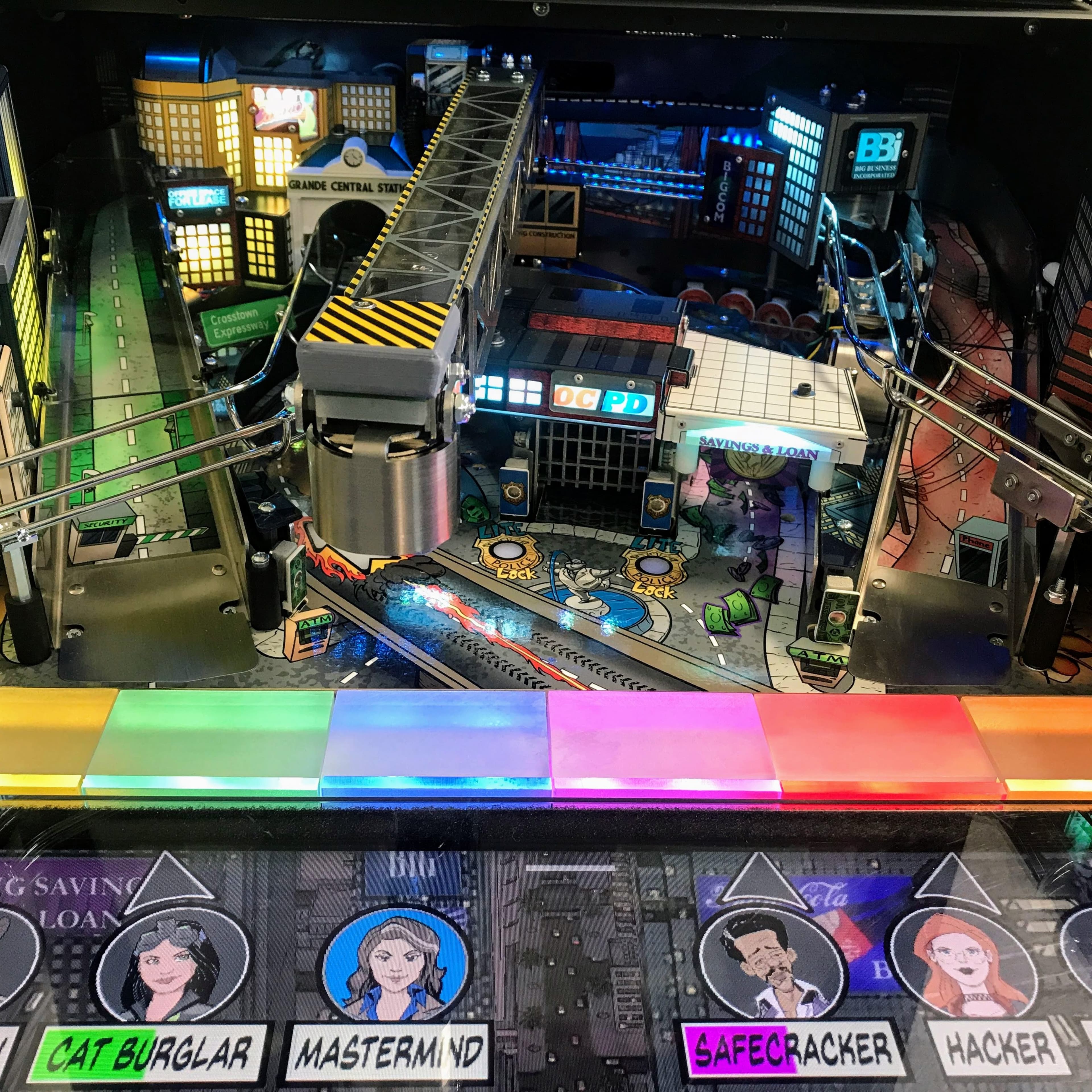 Cyberpunk city pinball machine with colorful urban landscape and characters