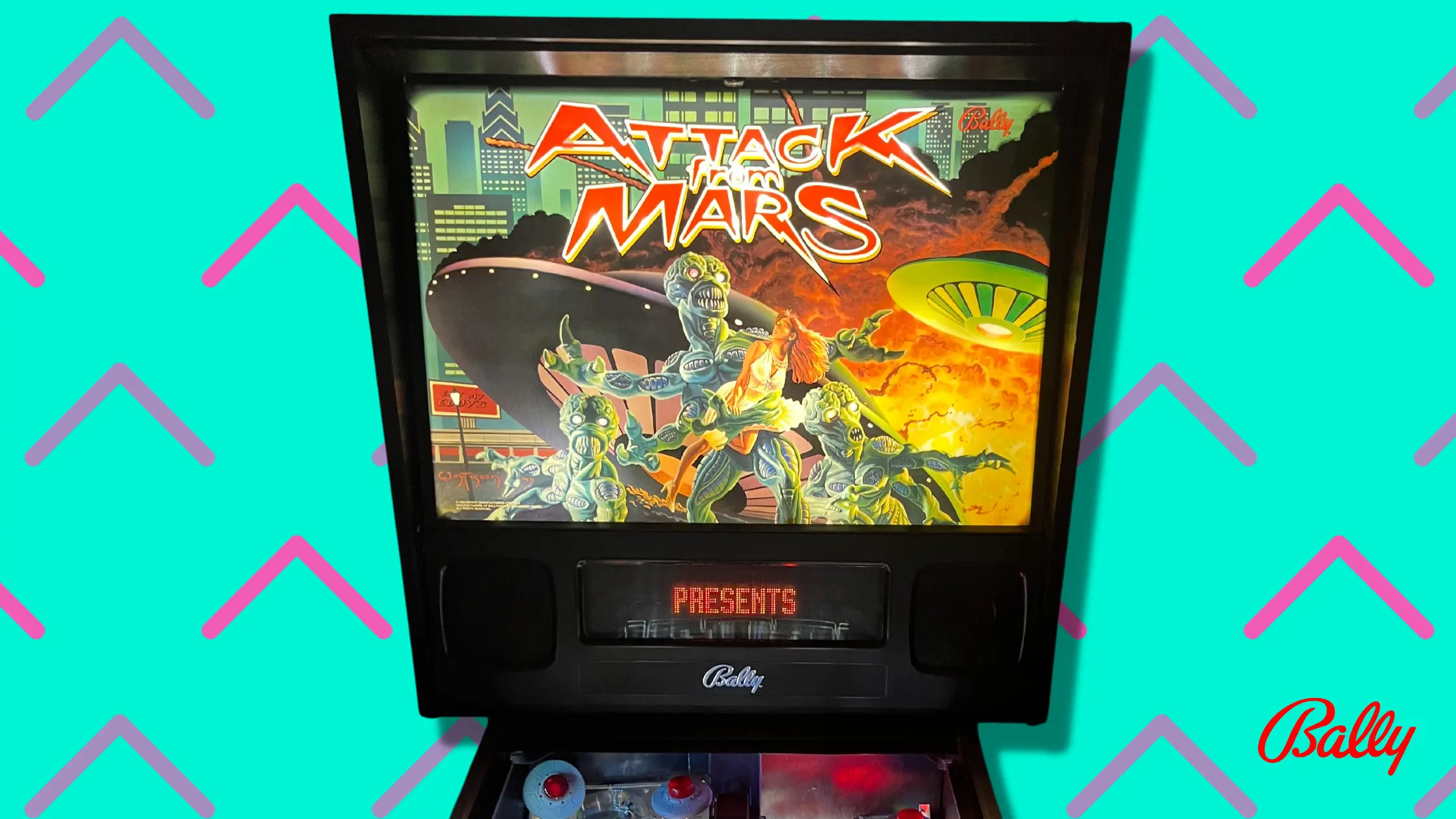 Attack Mars arcade game screen with aliens and explosive background