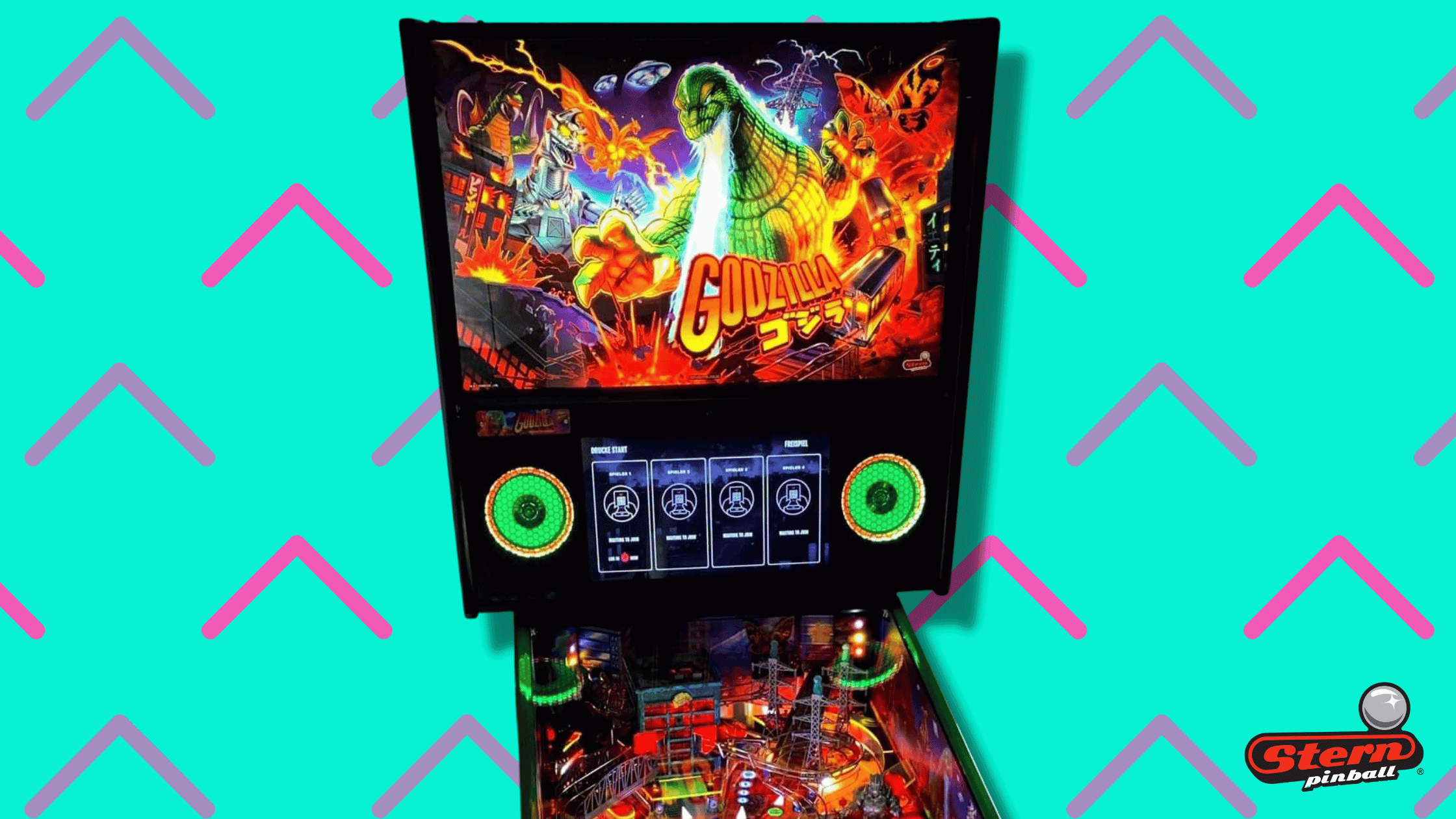 Godzilla pinball machine with colorful artwork and destructive city scene