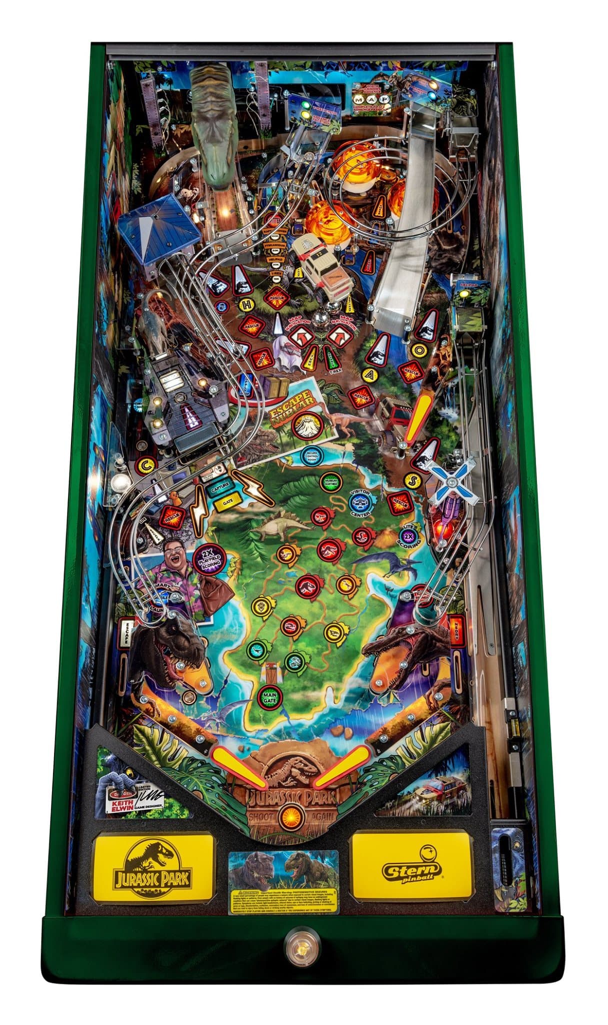 Jurassic Park themed pinball machine with dinosaurs and colorful game elements