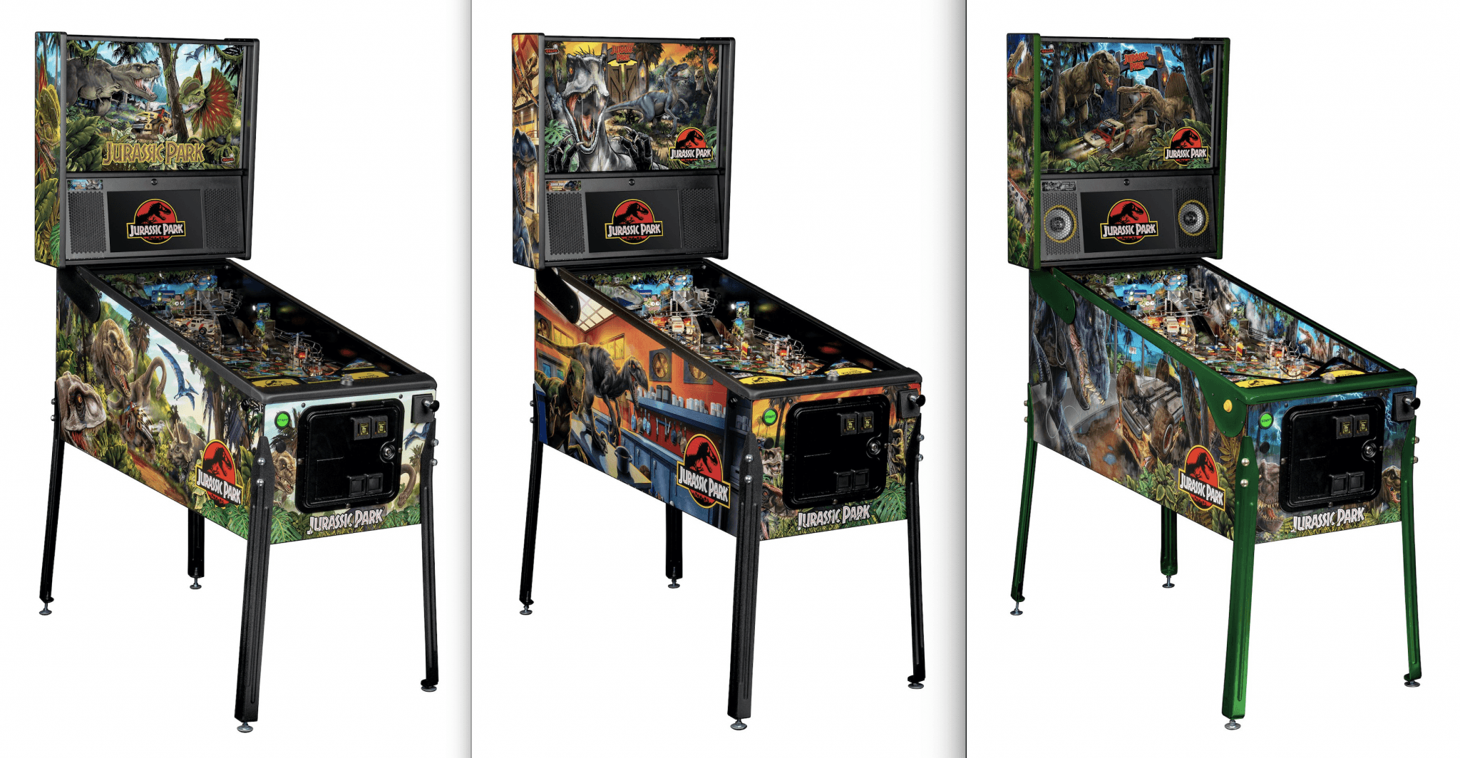 Three Jurassic Park pinball machines with dinosaur-themed artwork