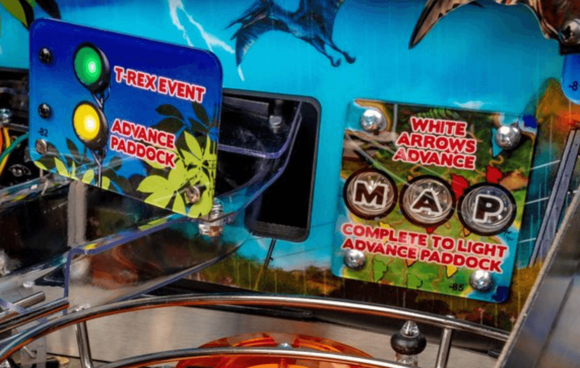 Jurassic Park pinball machine with T-Rex and White Arrows game panels
