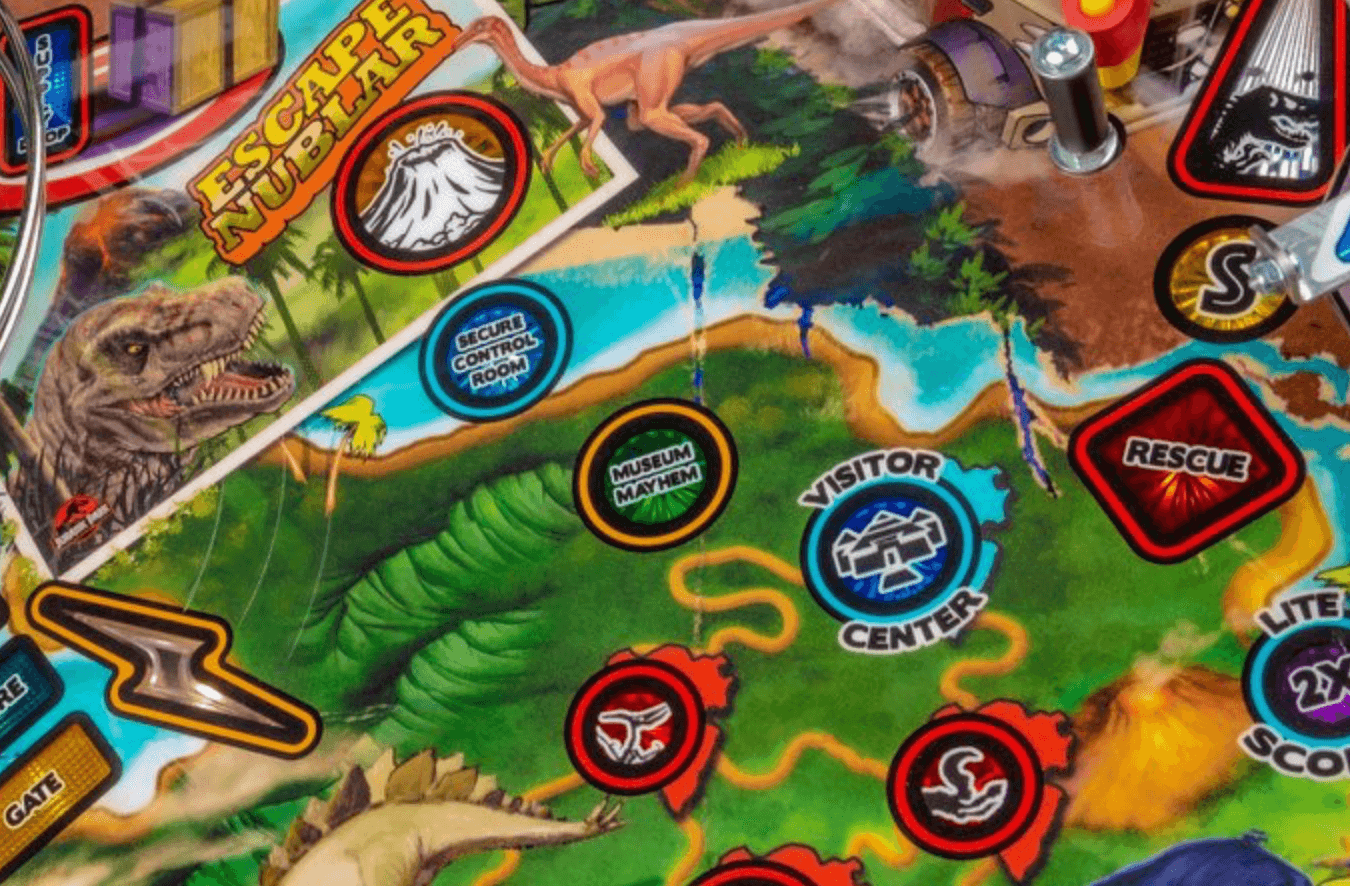 Jurassic World board game map with dinosaurs and colorful location markers
