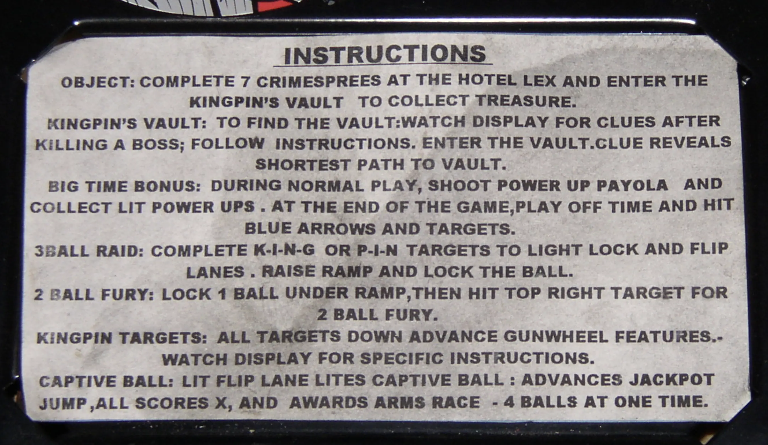 Pinball game instructions for Kingpin's Vault with gameplay rules