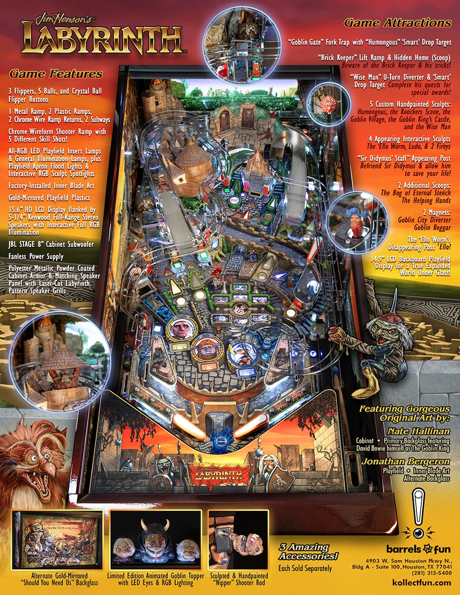 Labyrinth pinball machine with detailed fantasy-themed game board and artwork