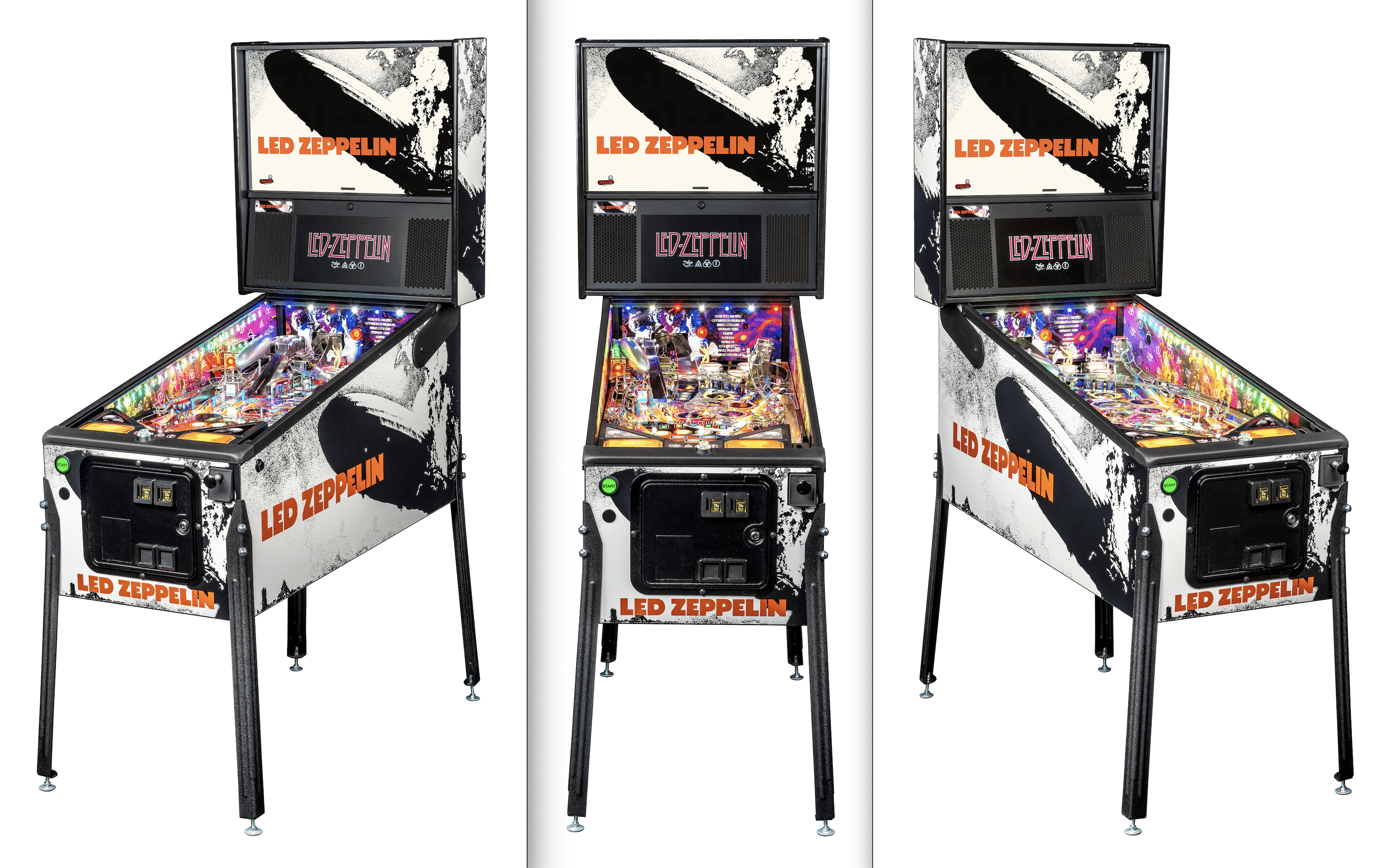 Led Zeppelin pinball machine with colorful playfield and iconic band artwork
