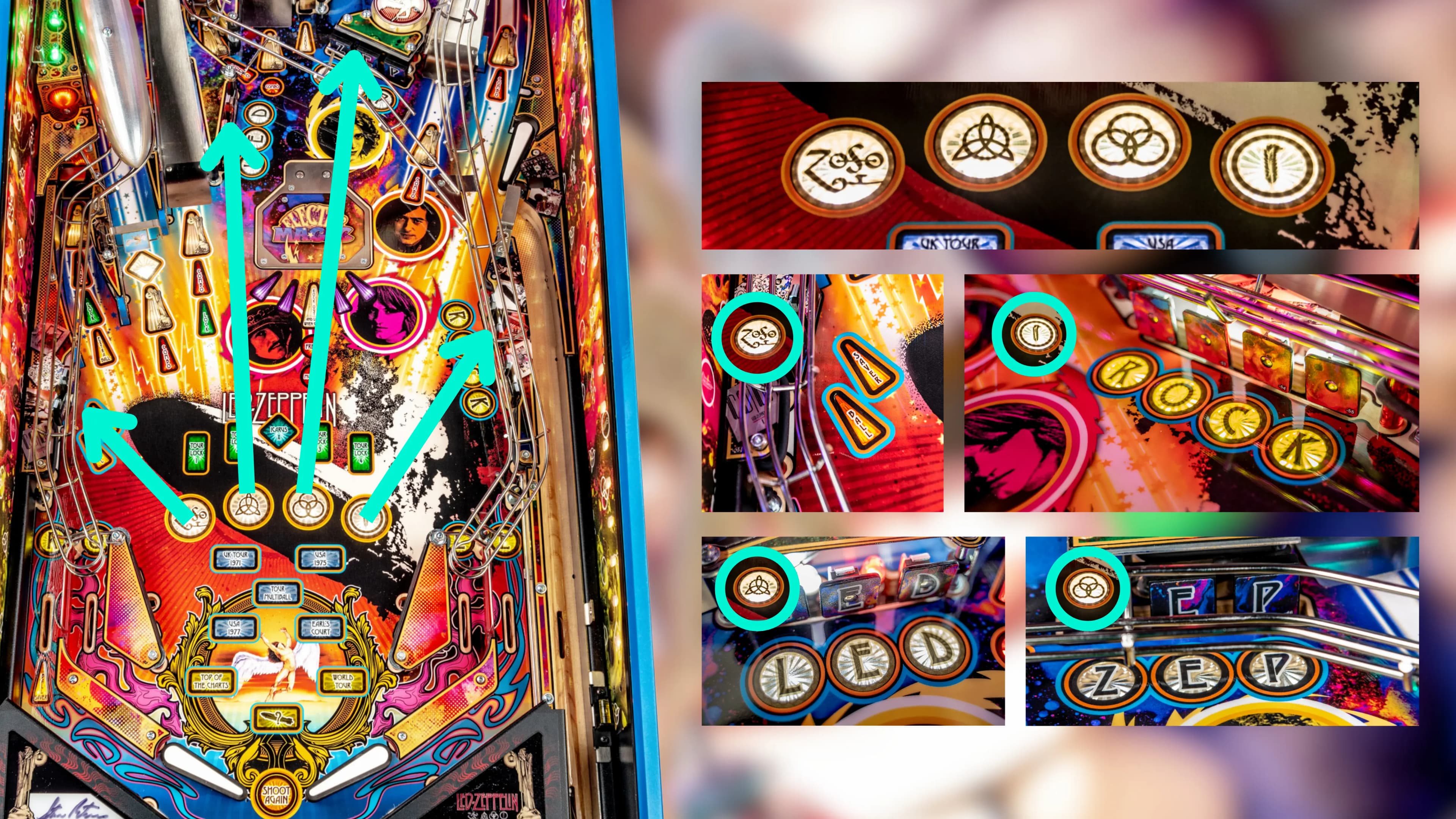 Colorful Led Zeppelin themed pinball machine with vibrant design and gameplay elements