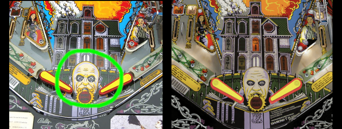 Vintage pinball machine with bald character and gothic-style background