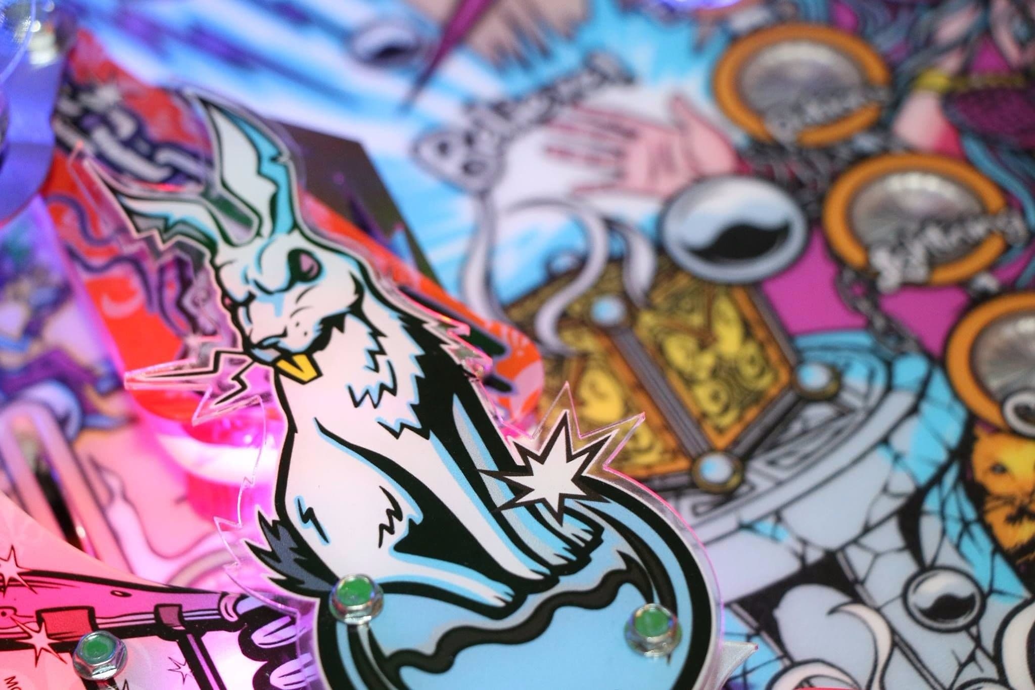 Colorful cartoon wolf or dog sticker on vibrant graffiti-style background