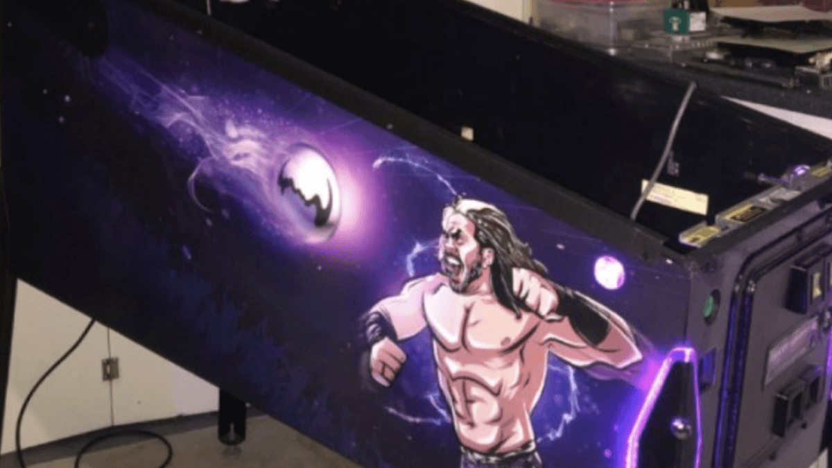 Muscular shirtless man in cosmic purple background with lightning energy