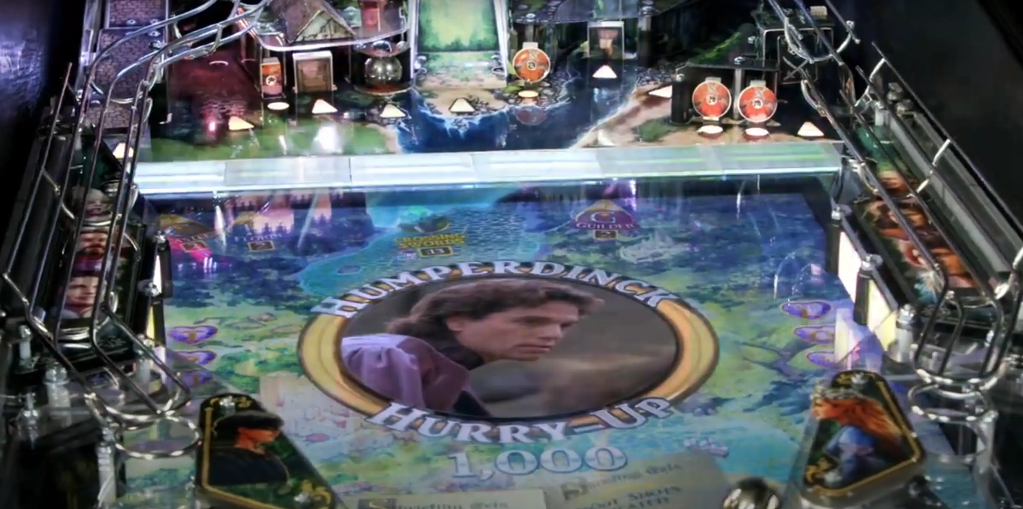 Colorful pinball machine with "Hurry-Up 1000" theme and circular character display