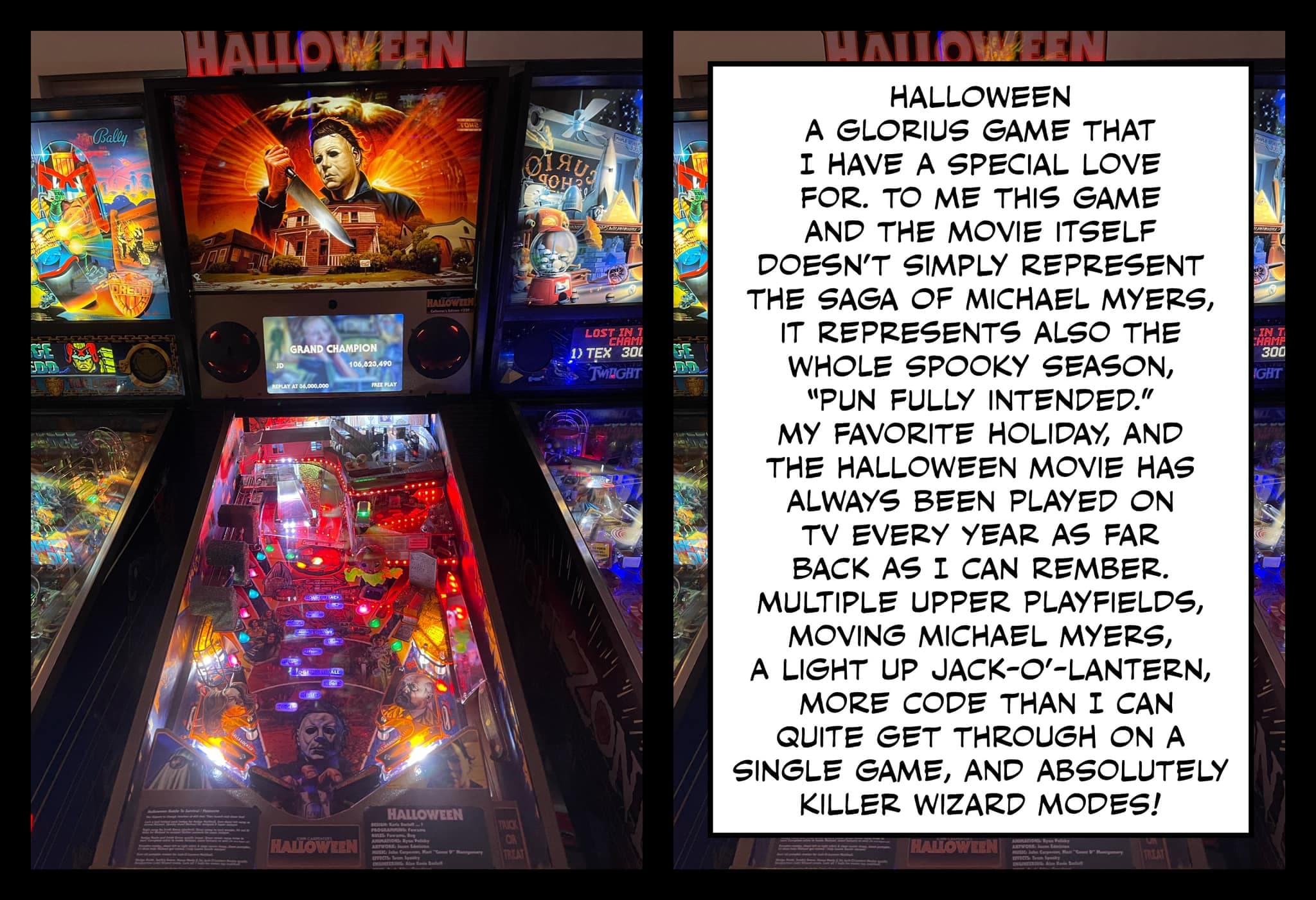 Halloween-themed pinball machine with colorful lights and movie artwork