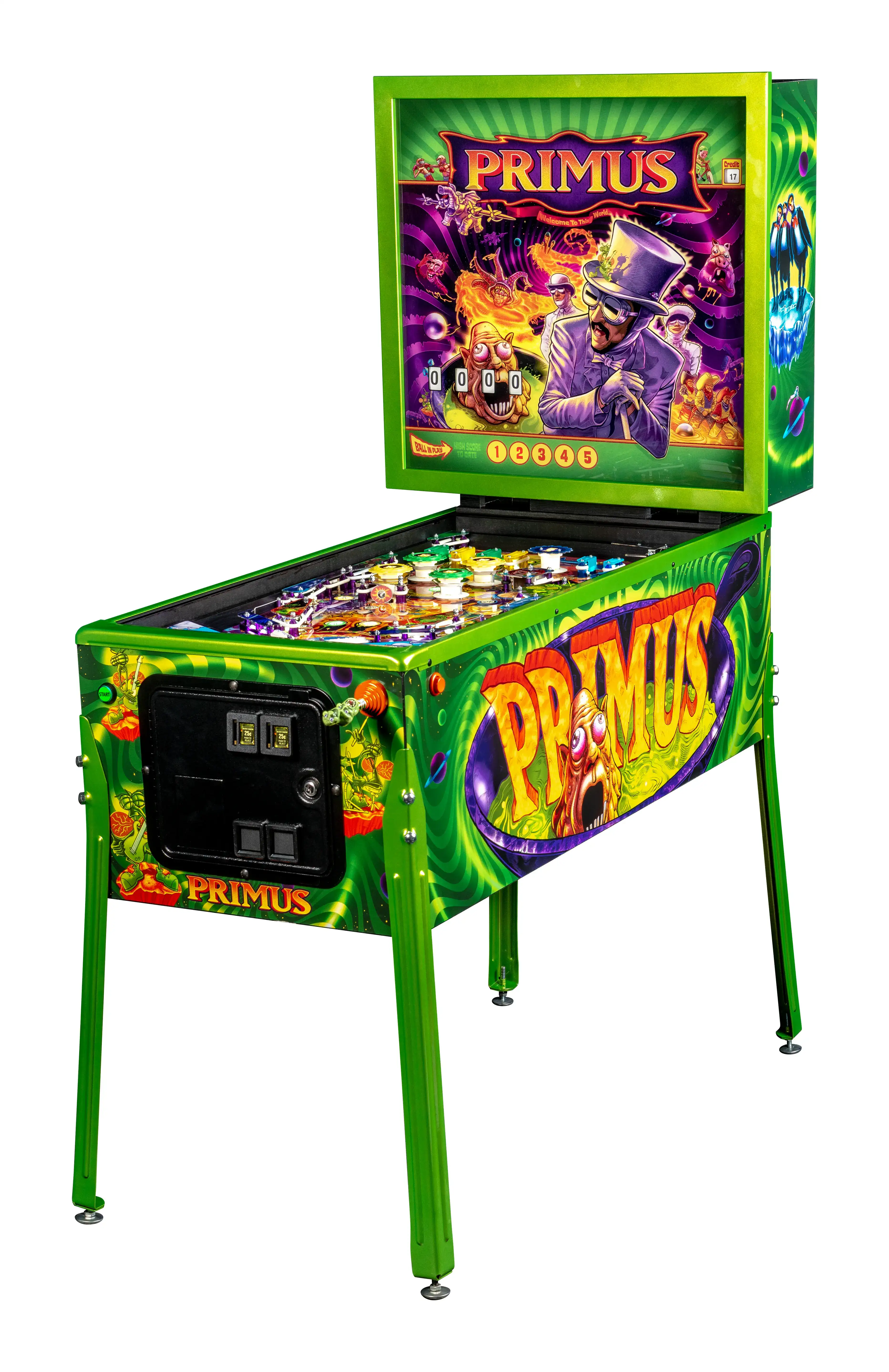 Primus-themed pinball machine with vibrant green and colorful artwork