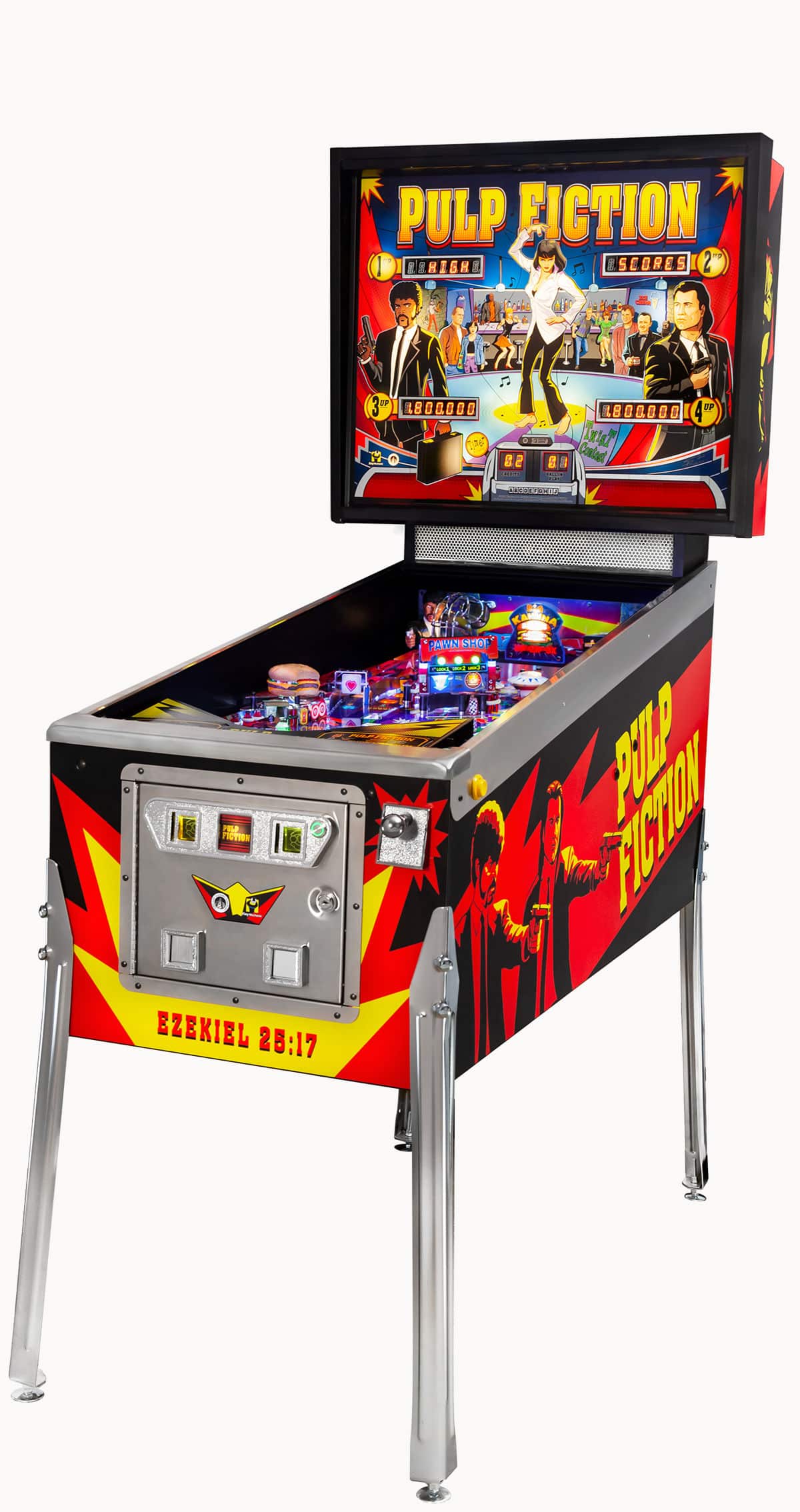 Pulp Fiction themed pinball machine with colorful playfield and backglass